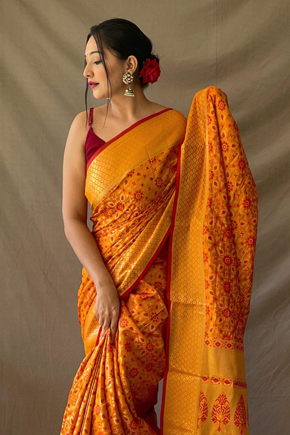 Orange & Red-Toned Floral Woven Design Zari Saree With Unstitched Blouse