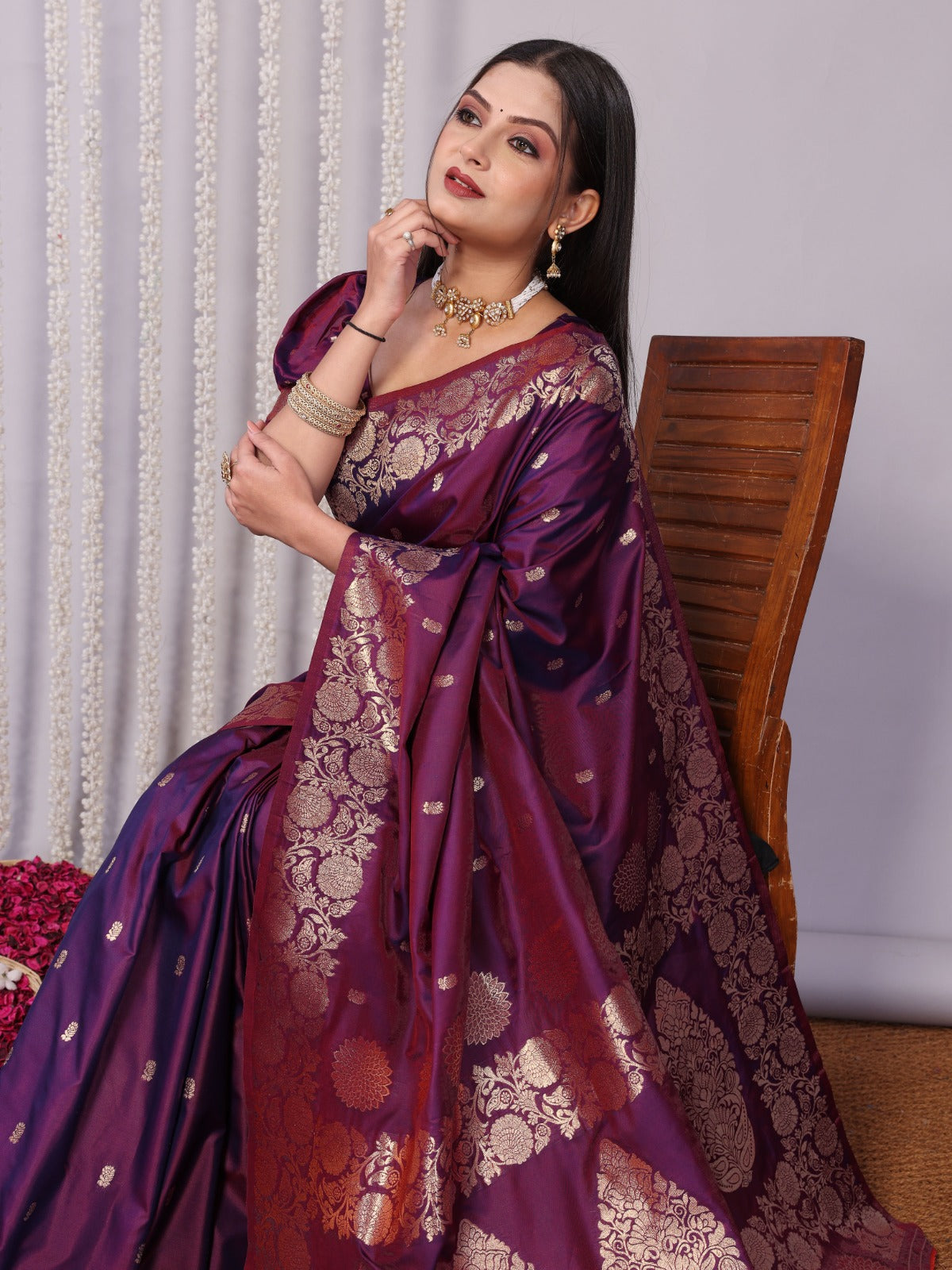 Rich Burgundy Purple Banarasi Silk Saree With Unstitched Blouse Piece