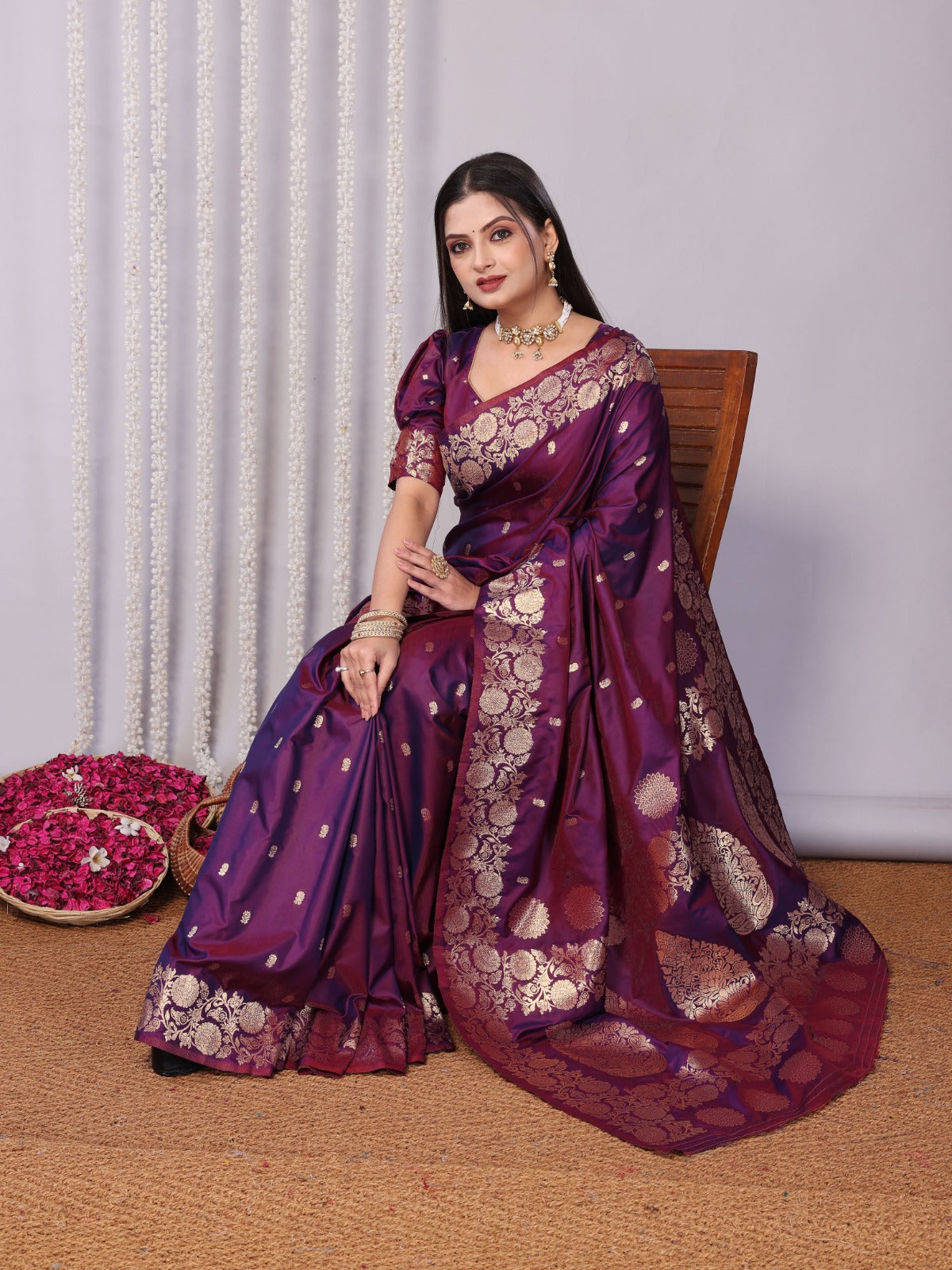 Rich Burgundy Purple Banarasi Silk Saree With Unstitched Blouse Piece