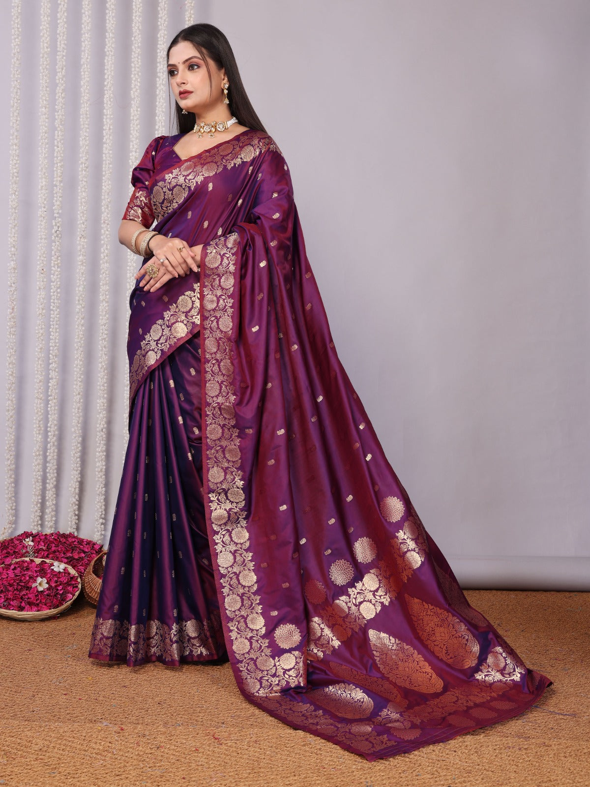 Rich Burgundy Purple Banarasi Silk Saree With Unstitched Blouse Piece