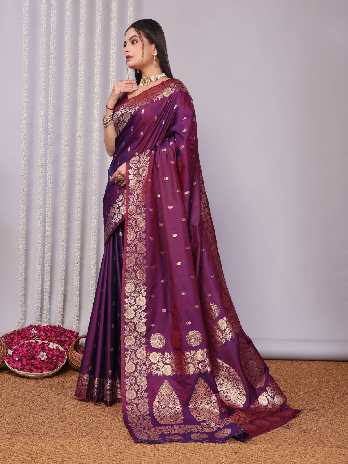 Rich Burgundy Purple Banarasi Silk Saree With Unstitched Blouse Piece