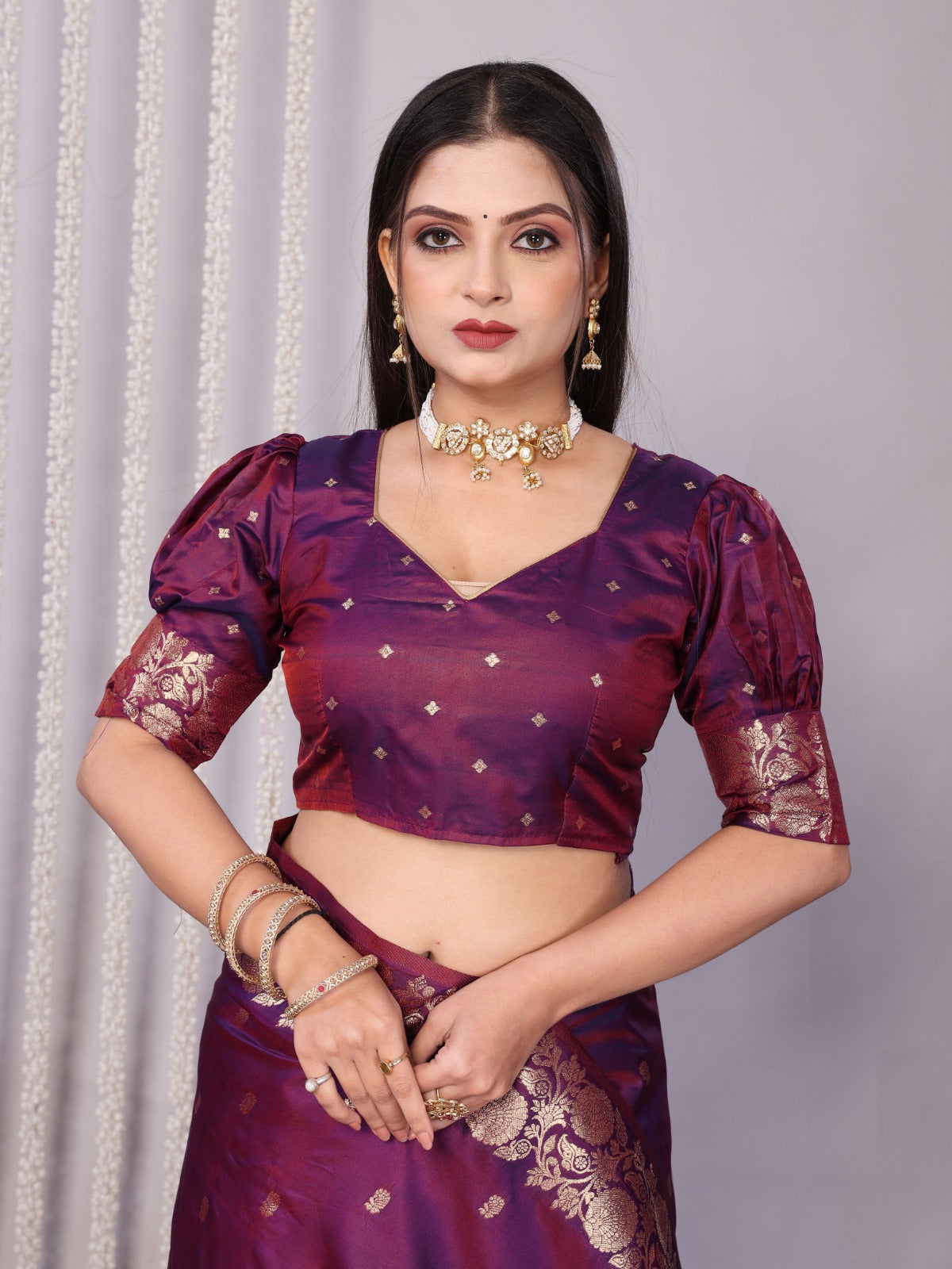 Rich Burgundy Purple Banarasi Silk Saree With Unstitched Blouse Piece