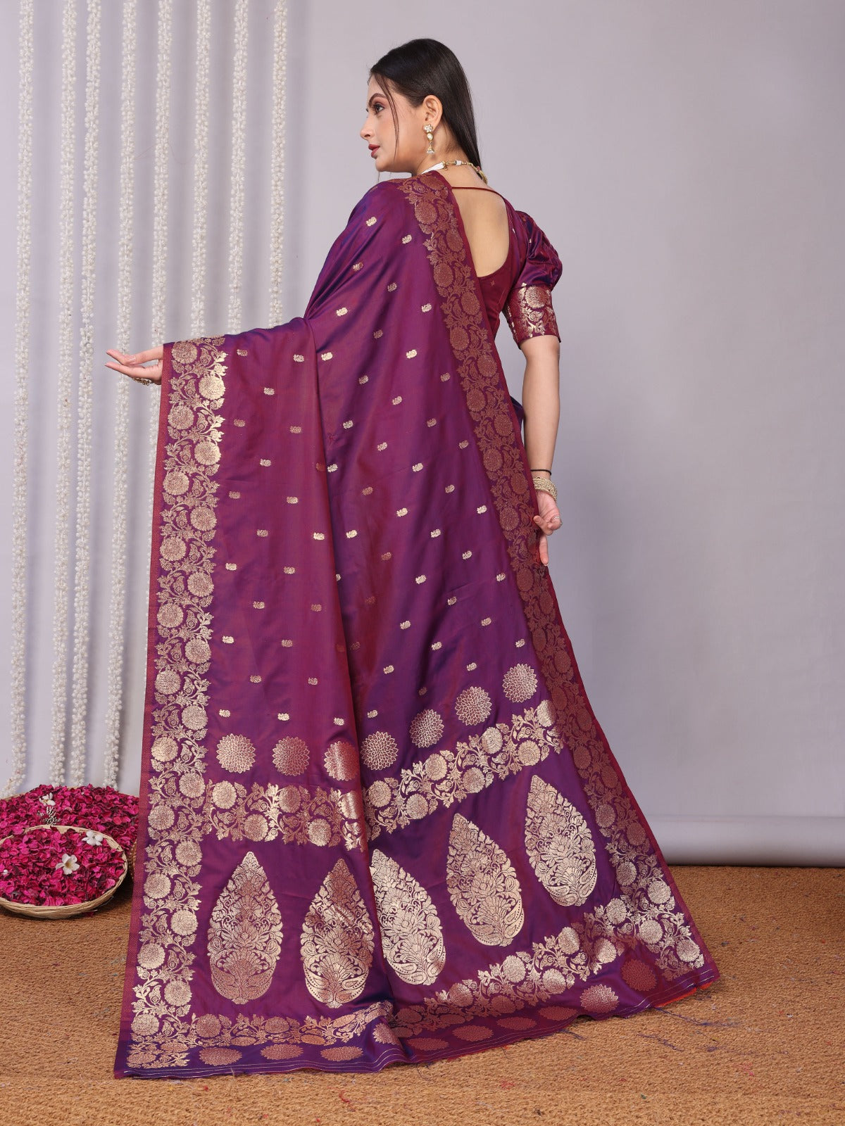 Rich Burgundy Purple Banarasi Silk Saree With Unstitched Blouse Piece