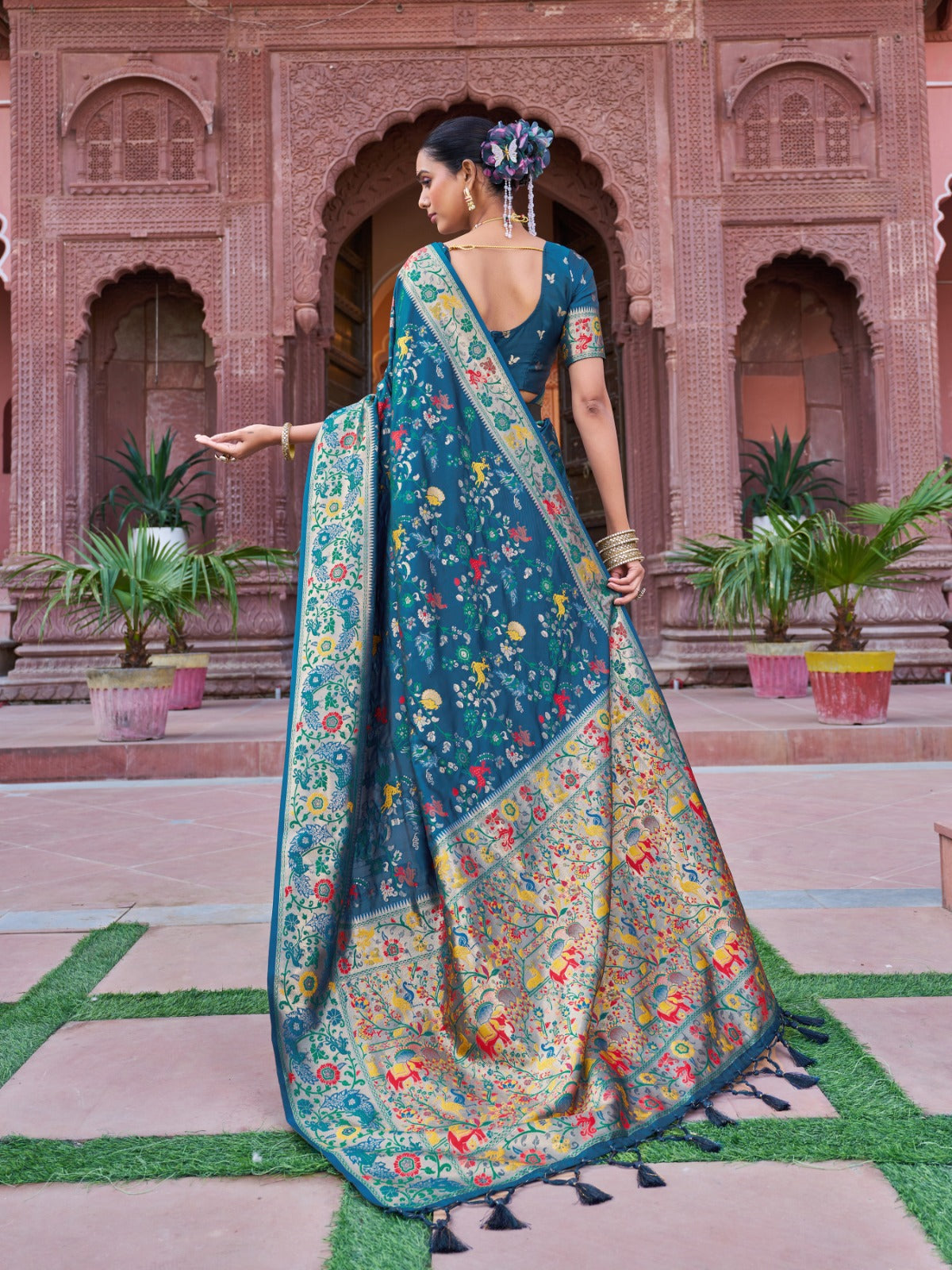 Luxurious Teal Prathani Soft Silk Saree With Unstitched Blouse Piece