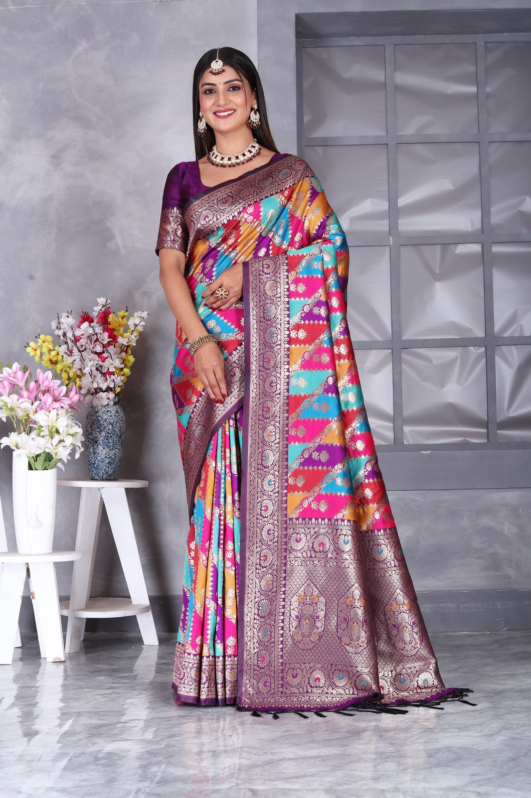 Multi-color Jacquard Polyester Saree With Unstitched Blouse Piece