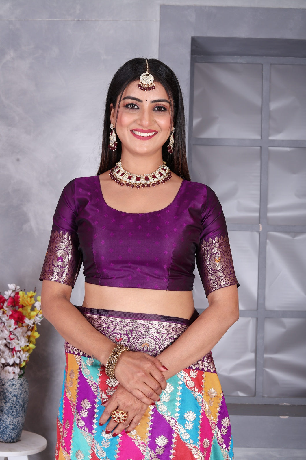 Multi-color Jacquard Polyester Saree With Unstitched Blouse Piece