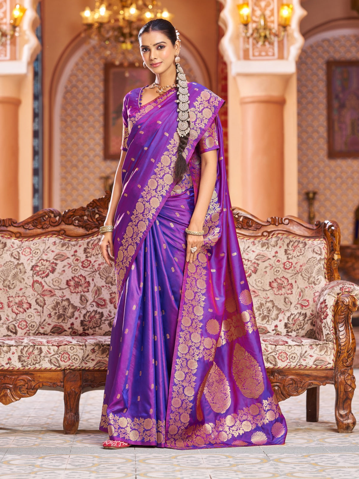 Vibrant Bright Violet Banarasi Silk Saree With Unstitched Blouse Piece