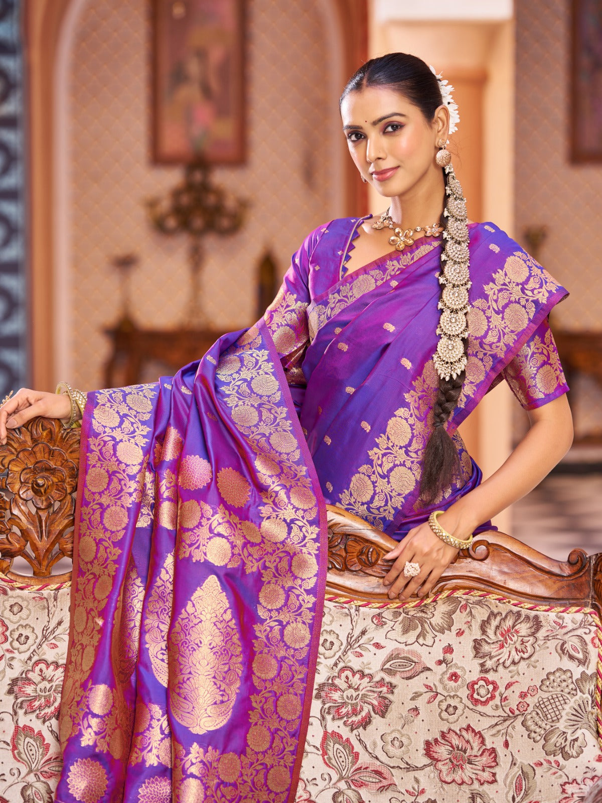 Vibrant Bright Violet Banarasi Silk Saree With Unstitched Blouse Piece
