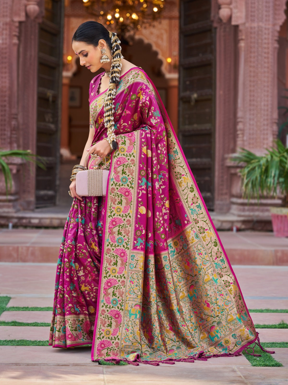 Rani Pink Prathani Soft Silk Saree With Unstitched Blouse Piece