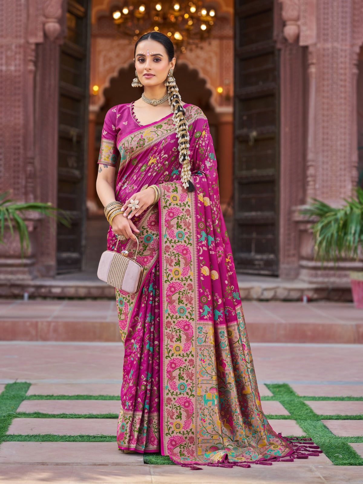Rani Pink Prathani Soft Silk Saree With Unstitched Blouse Piece
