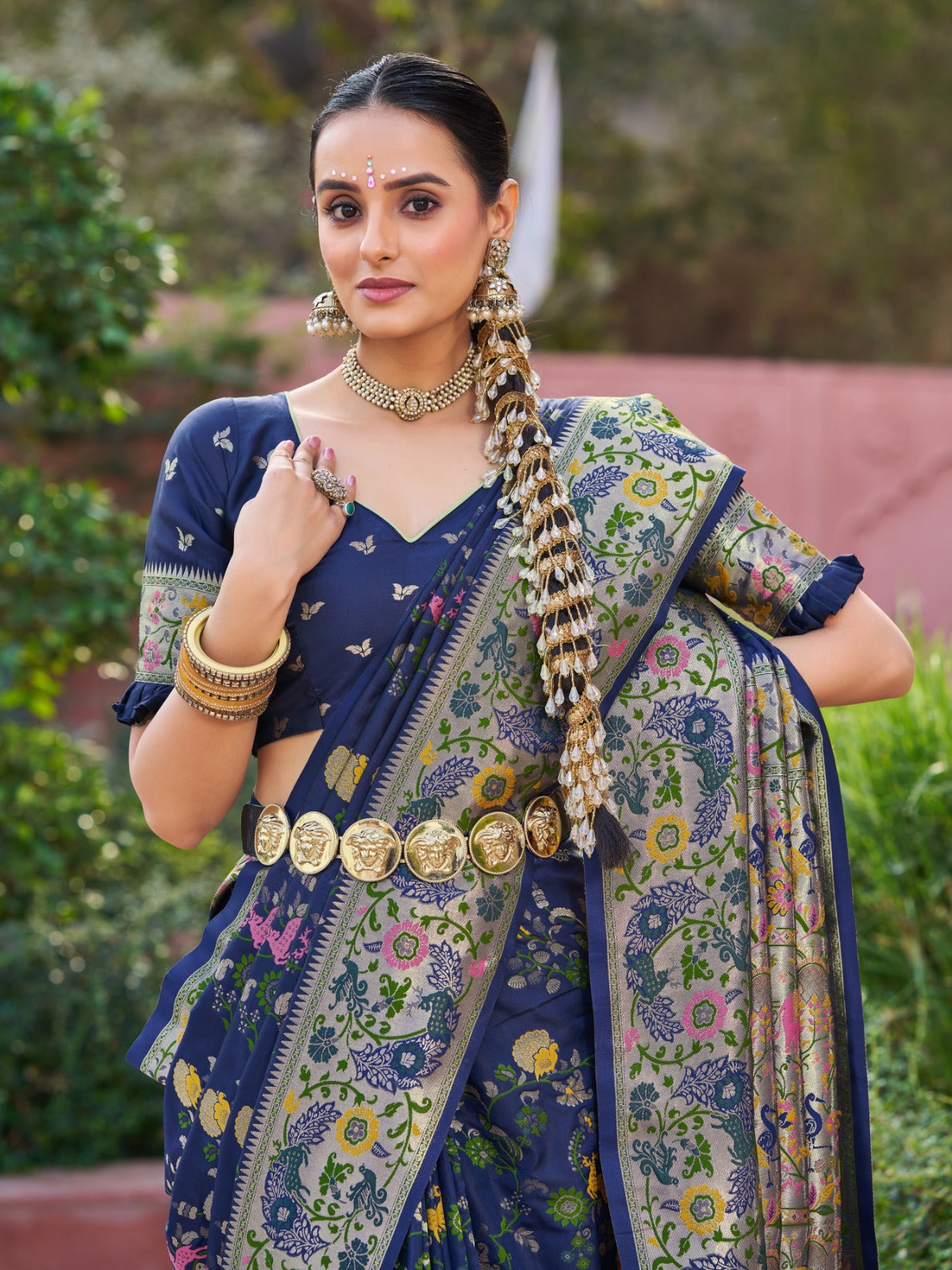Navy Blue Prathani Soft Silk Saree With Unstitched Blouse Piece