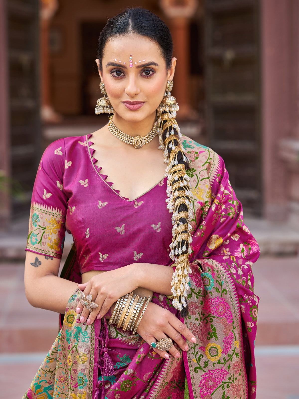 Rani Pink Prathani Soft Silk Saree With Unstitched Blouse Piece