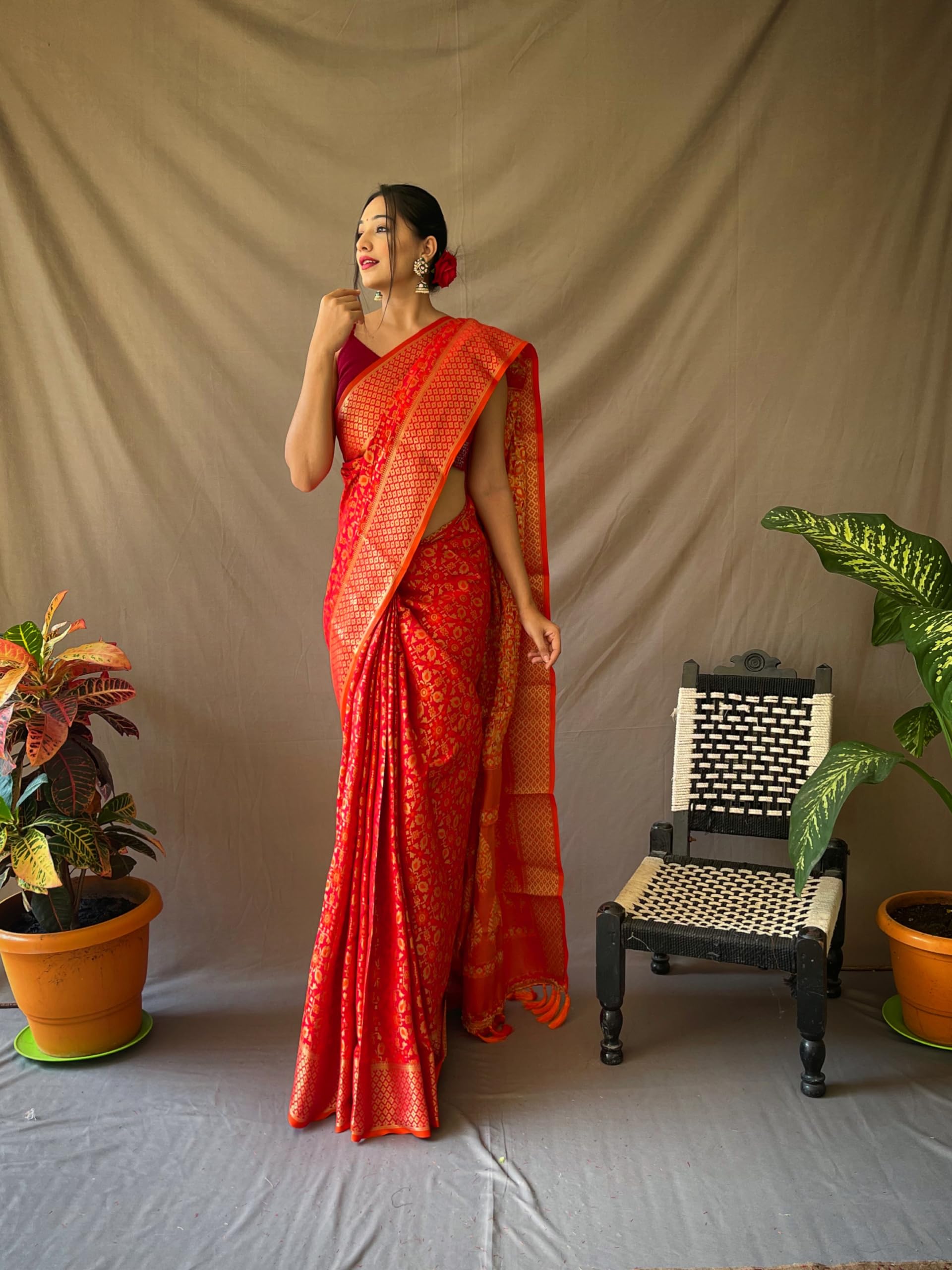 Peach & Orange-Toned Floral Woven Design Zari Saree With Unstitched Blouse