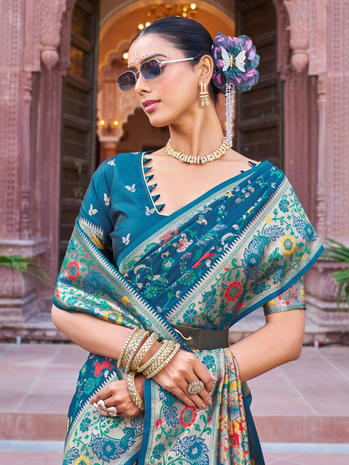 Luxurious Teal Prathani Soft Silk Saree With Unstitched Blouse Piece