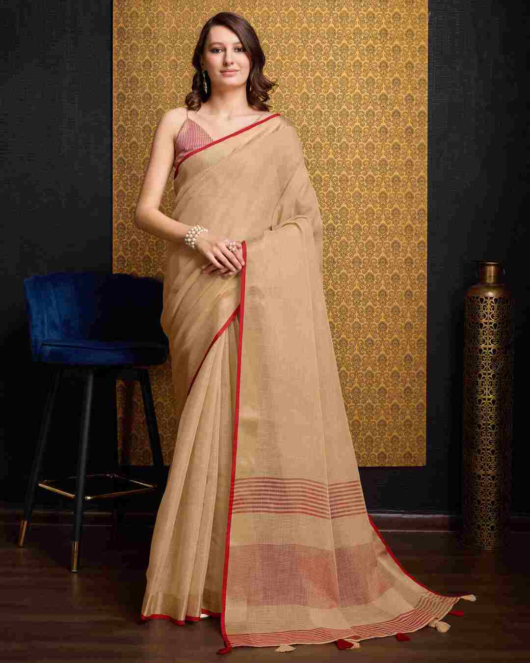 Beige Pink Cotton Linen Saree With Pure Cotton Unstitched Blouse Piece