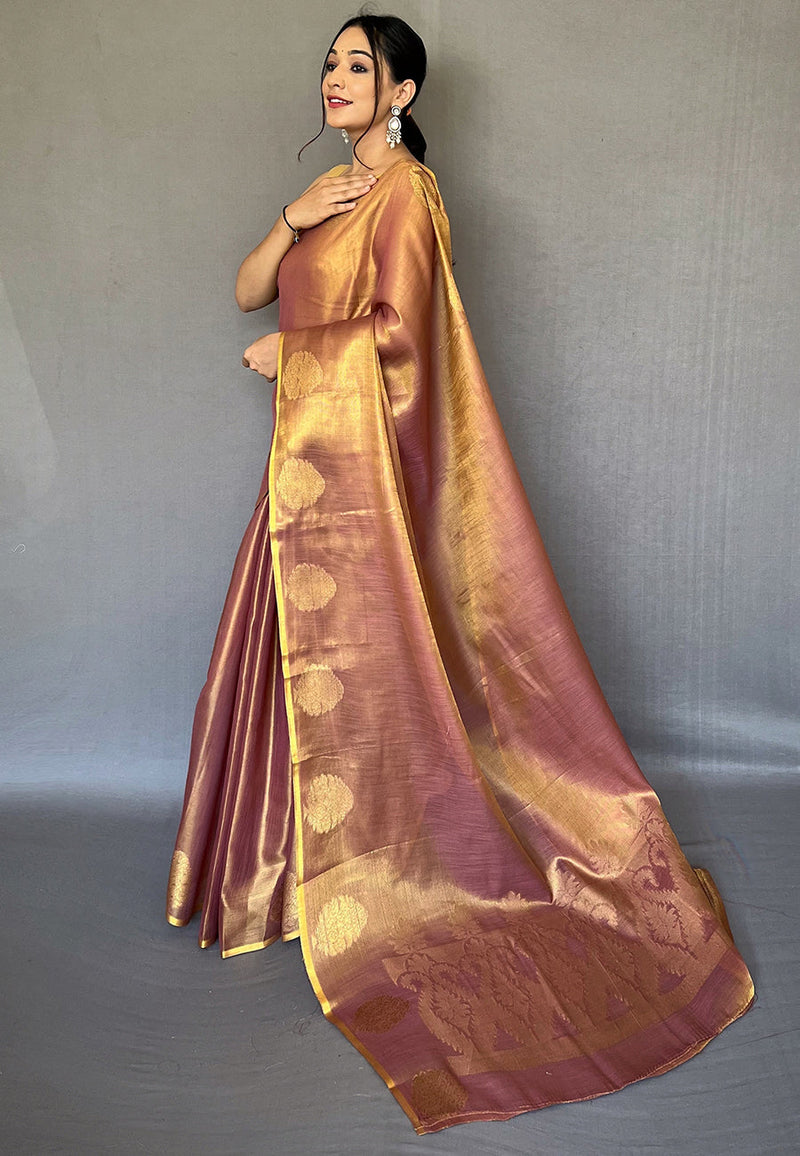 Dusty Rose-Brown Saffa Tissue Saree With Unstitched Blouse