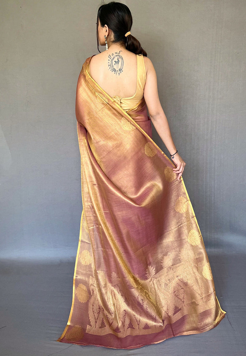 Dusty Rose-Brown Saffa Tissue Saree With Unstitched Blouse
