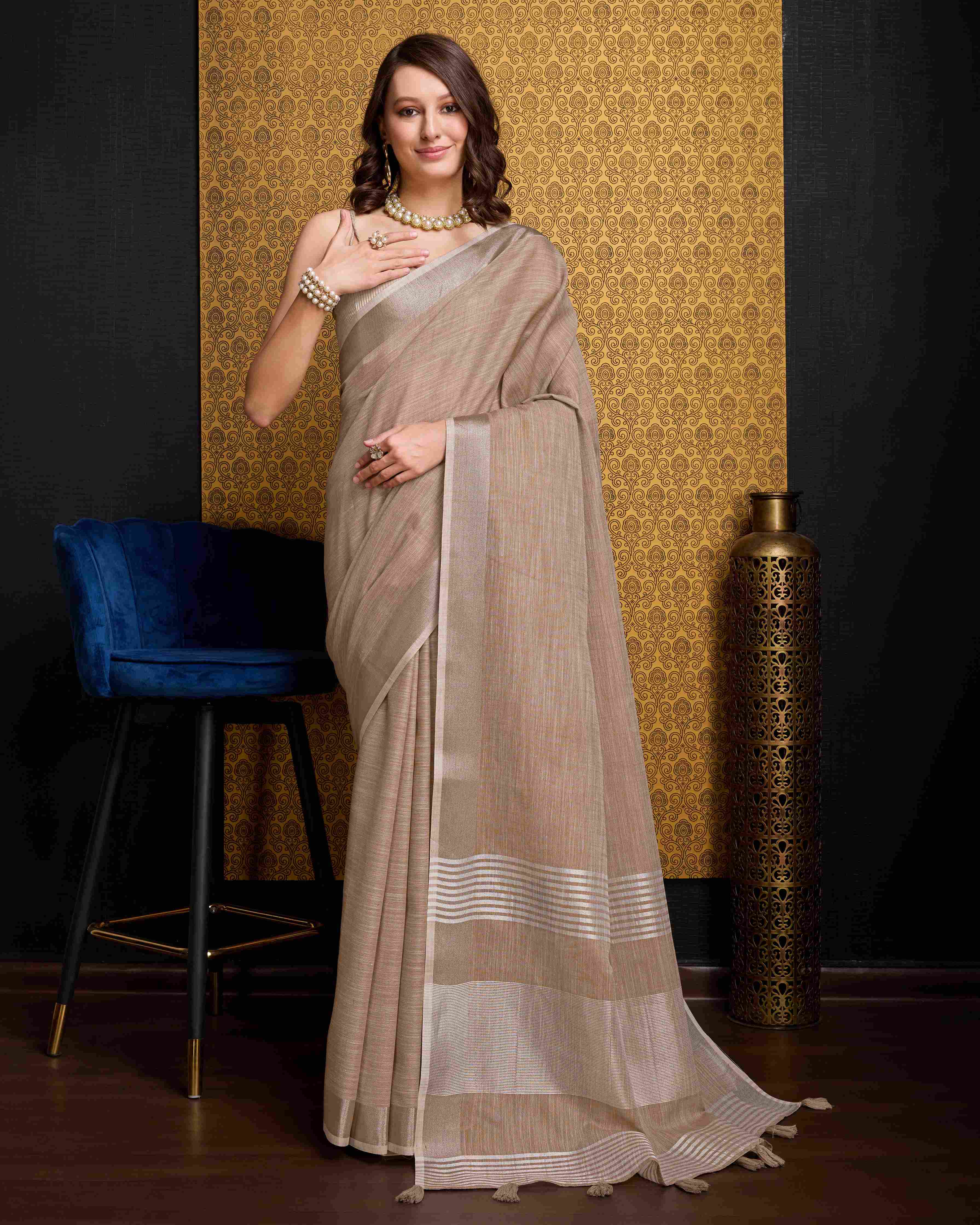 Chiku Cotton Linen Saree With Pure Cotton Unstitched Blouse Piece