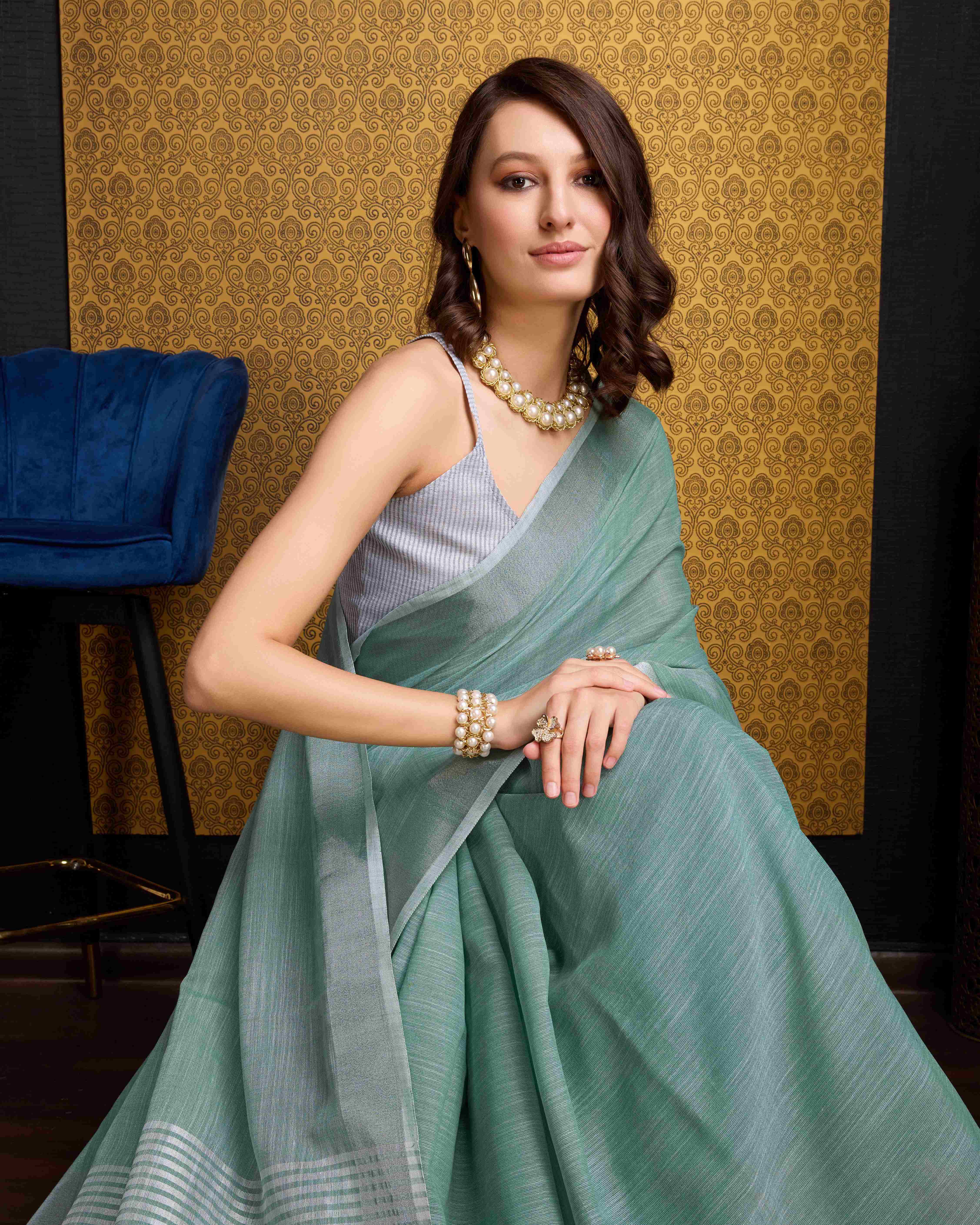 Firozy  Cotton Linen Saree With Pure Cotton Unstitched Blouse Piece