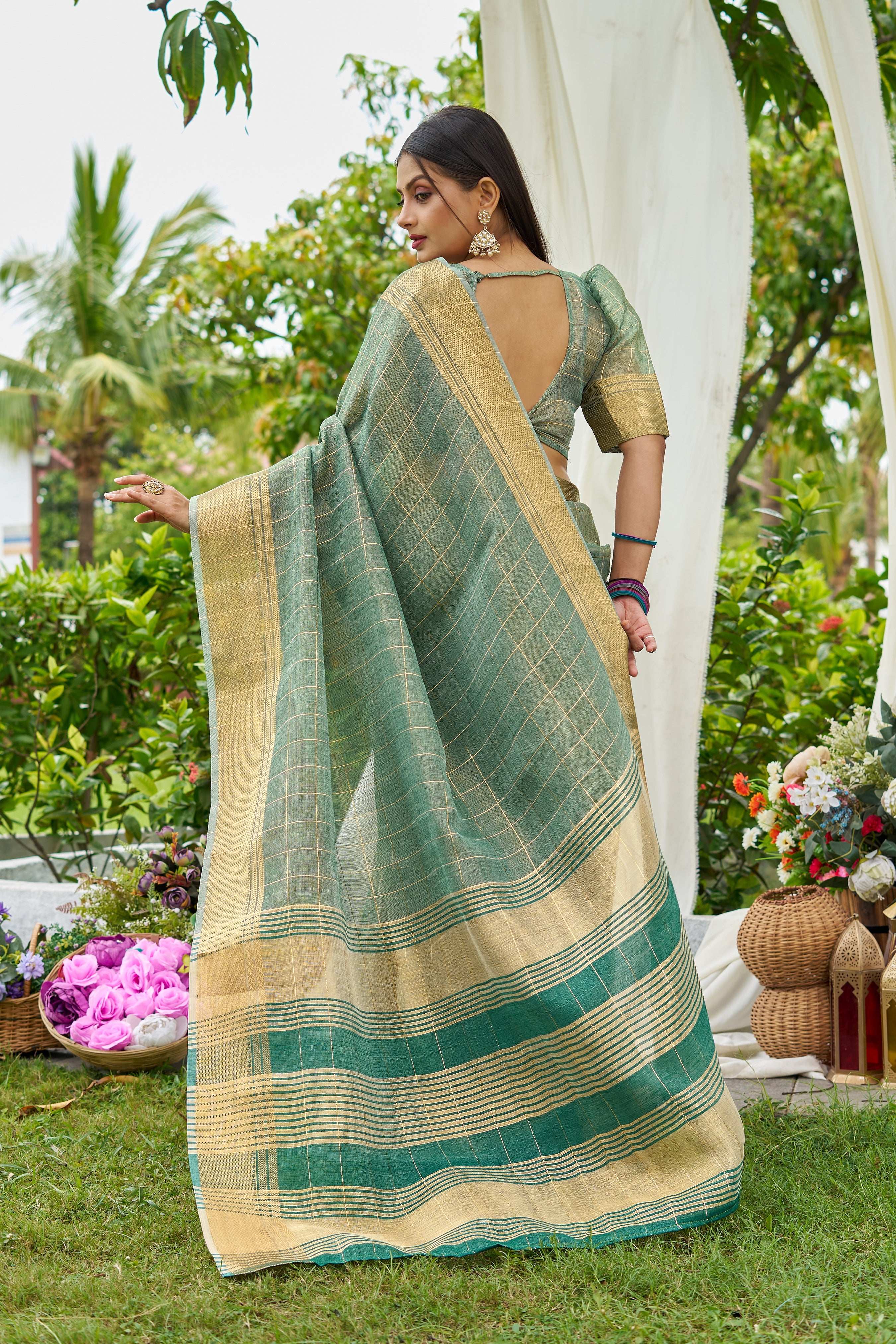 Turquoise Blue Tissue Saree With Unstitched Blouse
