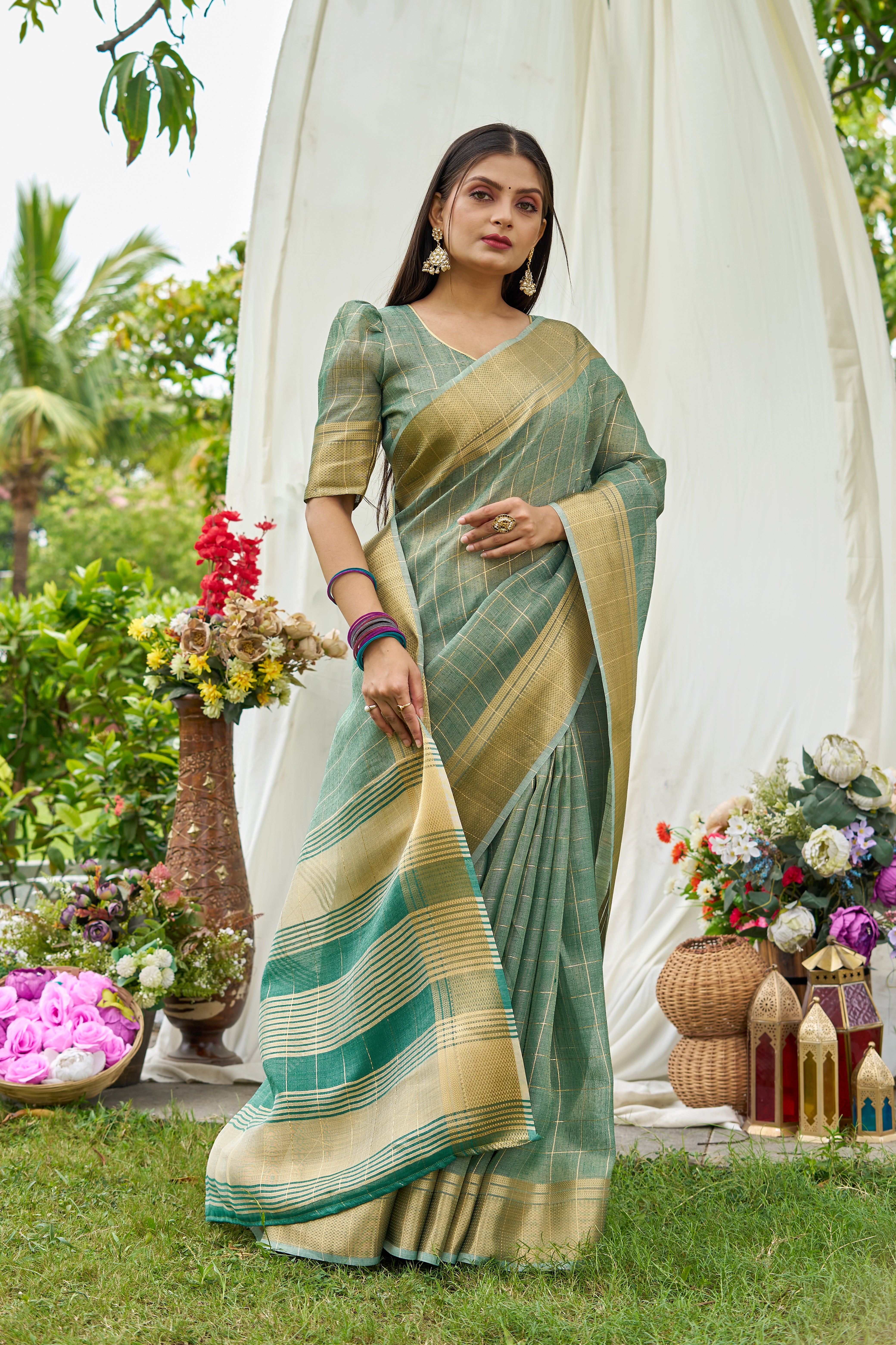 Turquoise Blue Tissue Saree With Unstitched Blouse