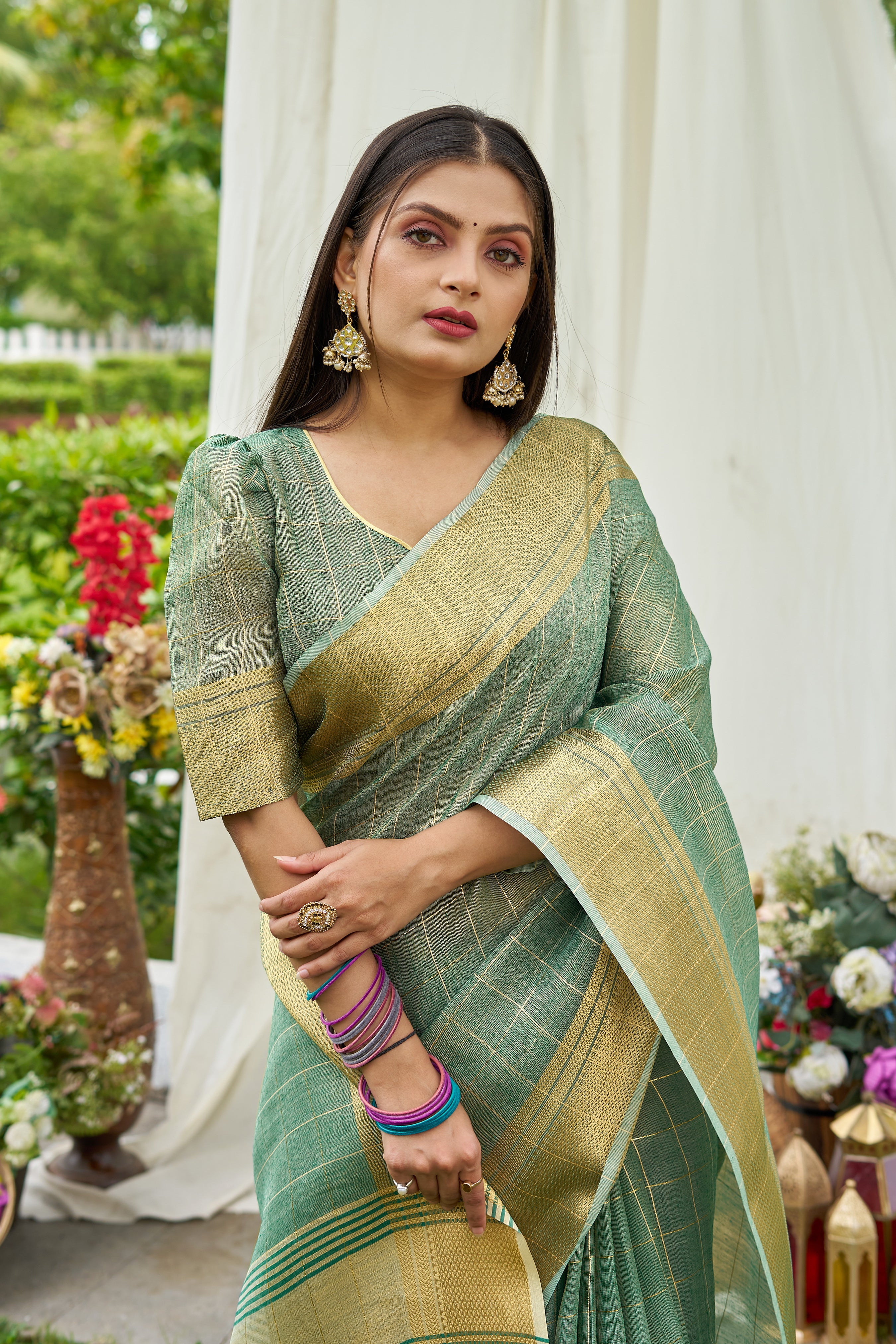 Turquoise Blue Tissue Saree With Unstitched Blouse