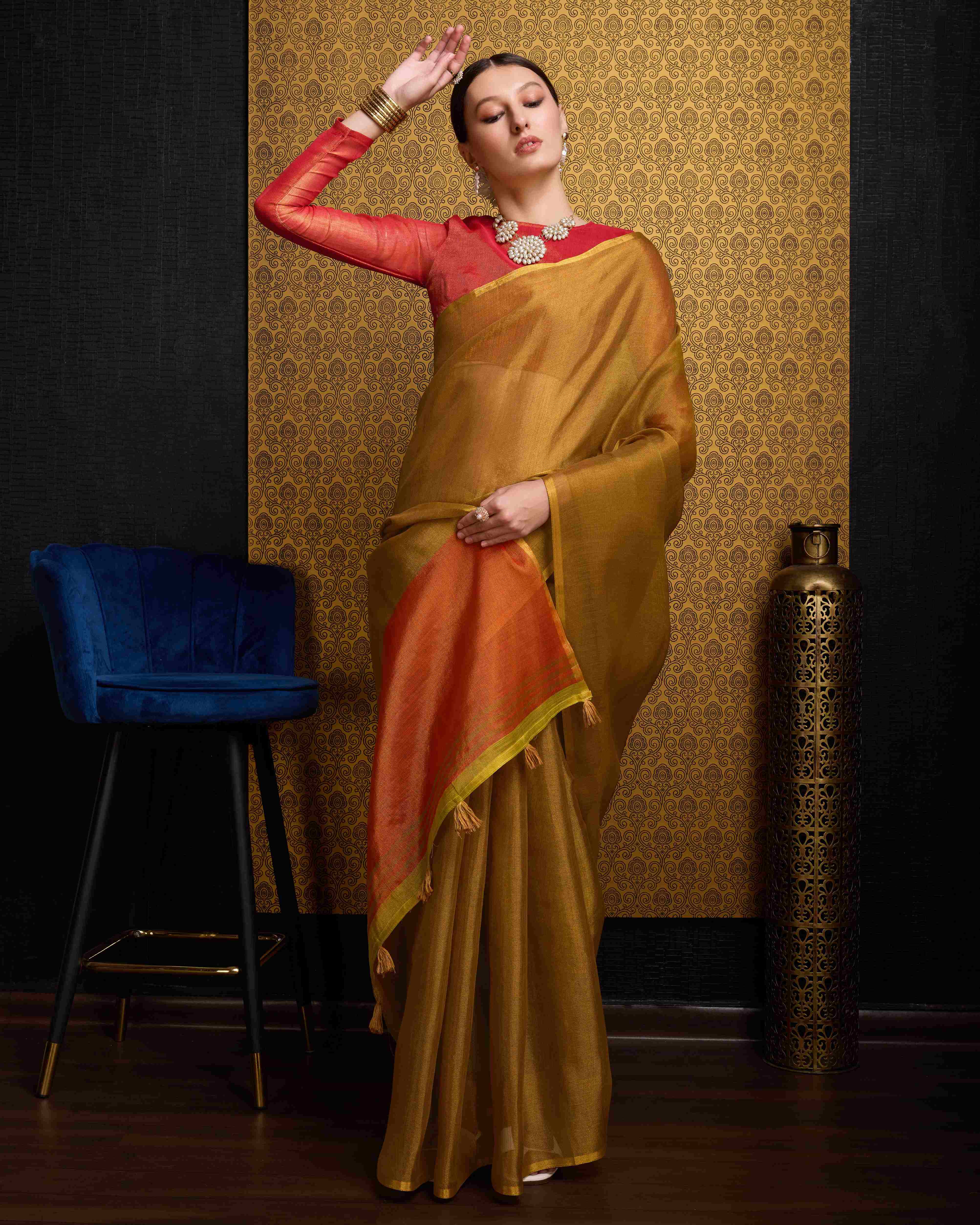 Red & Golden-Toned  Tissue Saree With Unstitched Blouse