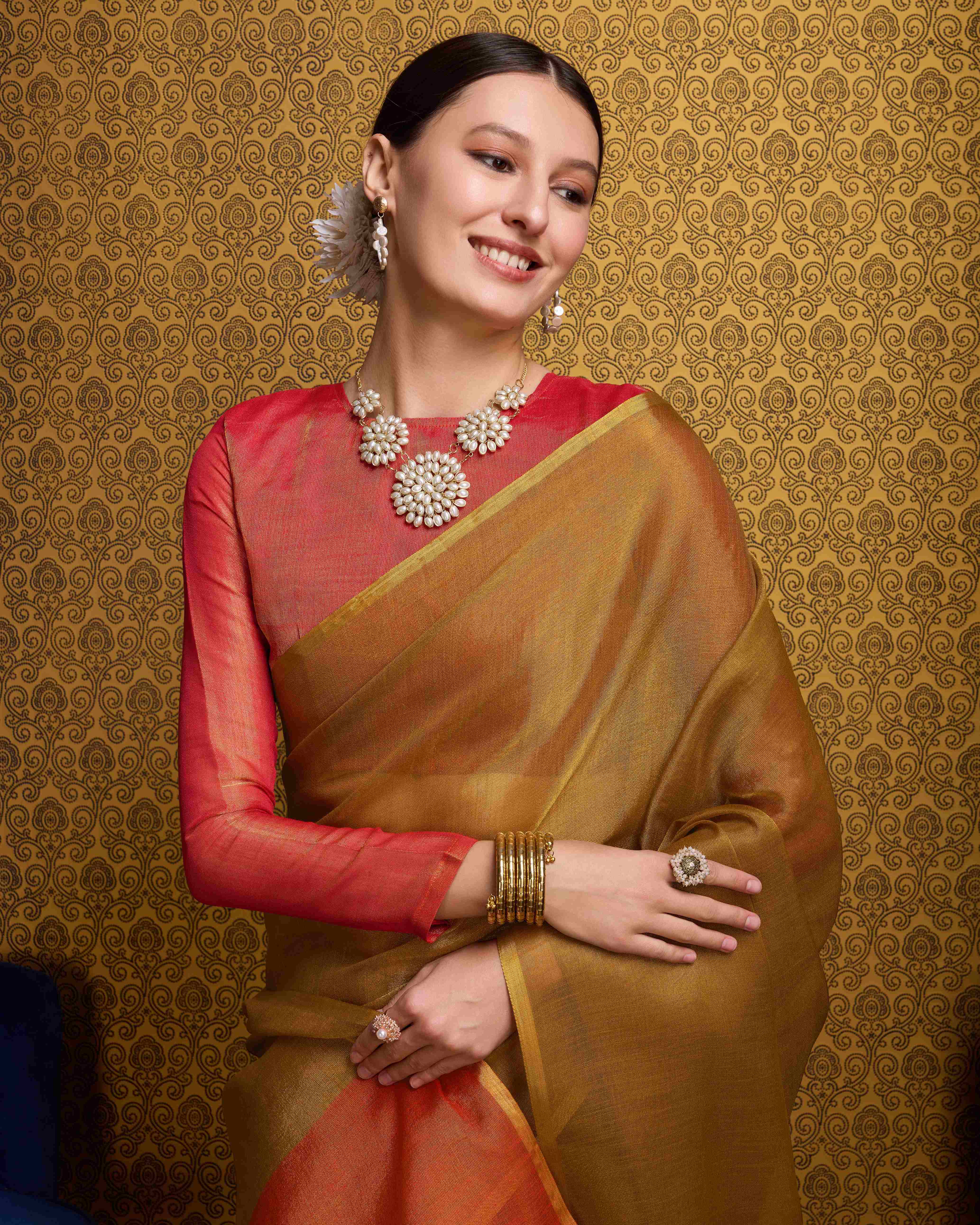 Red & Golden-Toned  Tissue Saree With Unstitched Blouse