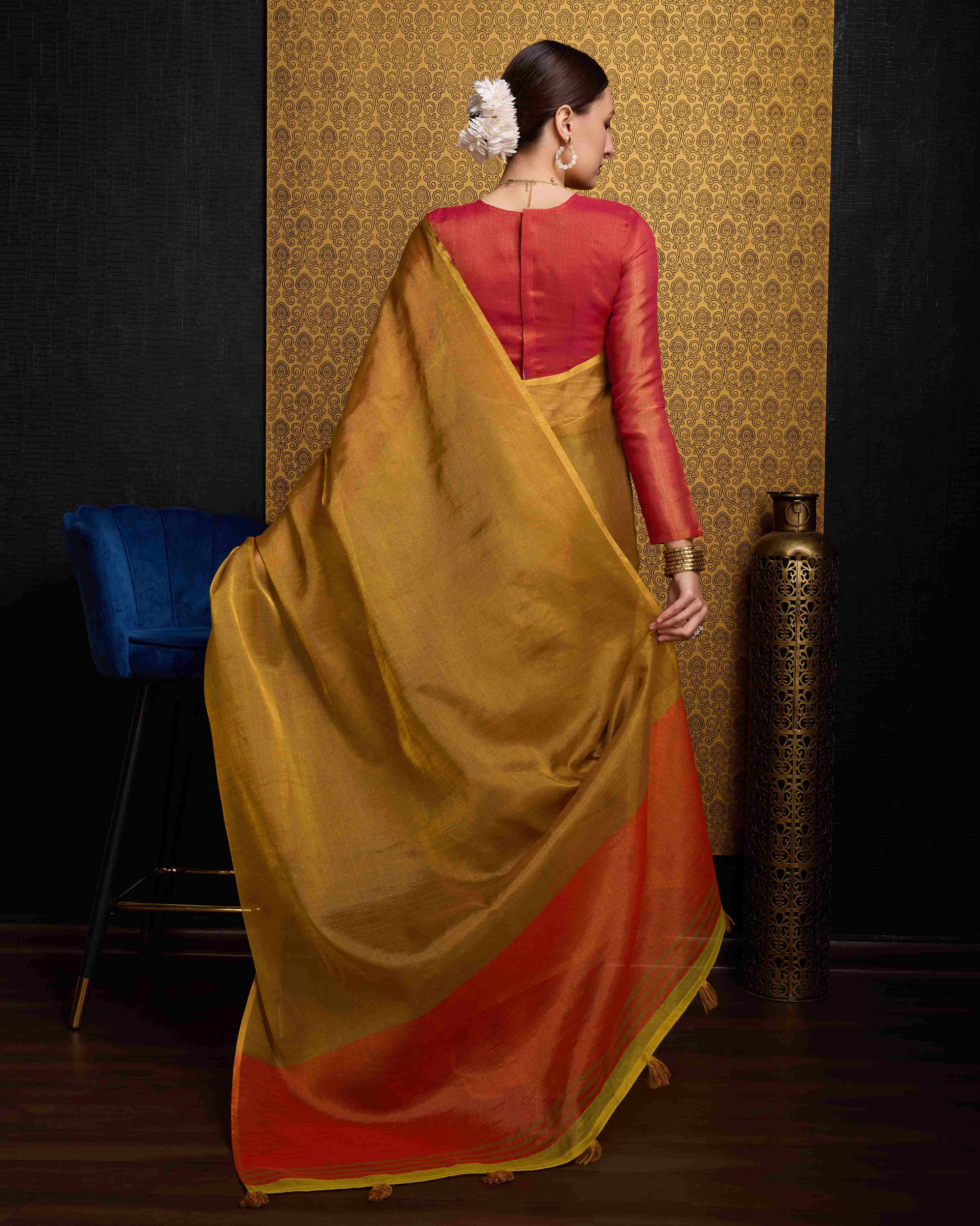 Red & Golden-Toned  Tissue Saree With Unstitched Blouse