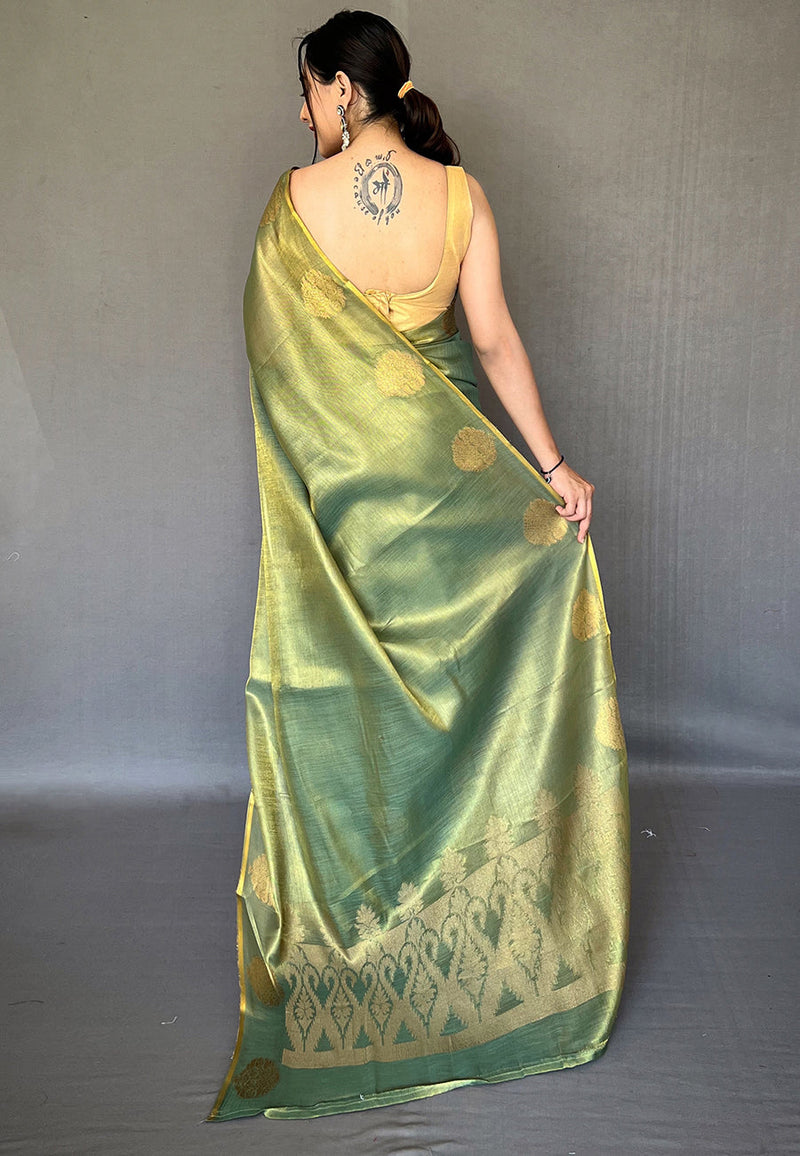 Muted Green Tissue Saree with Unstitched Blouse