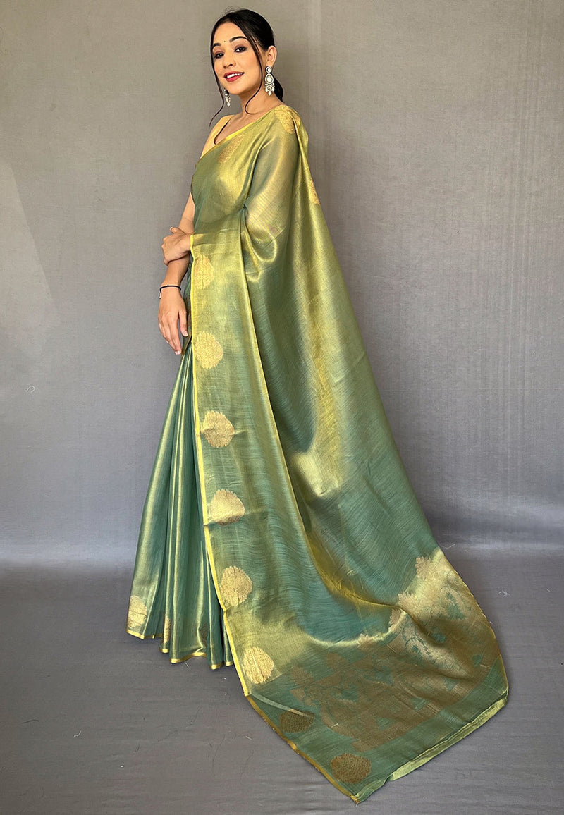 Muted Green Tissue Saree with Unstitched Blouse