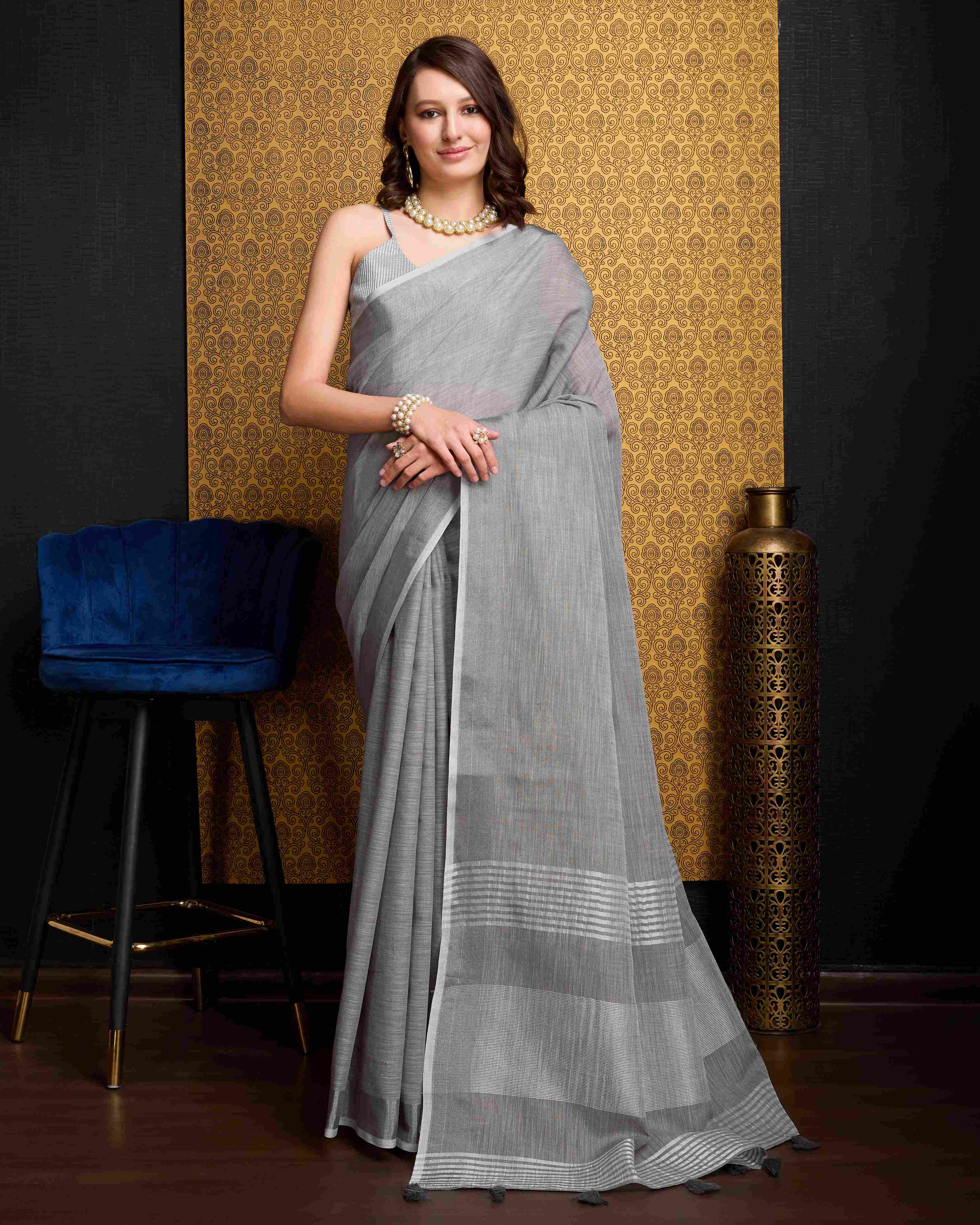Grey  Cotton Linen Saree With Pure Cotton Unstitched Blouse Piece