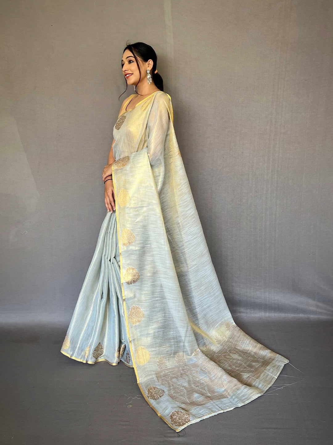 Grey & Golden Mix Saffa Tissue Saree With Unstitched Blouse