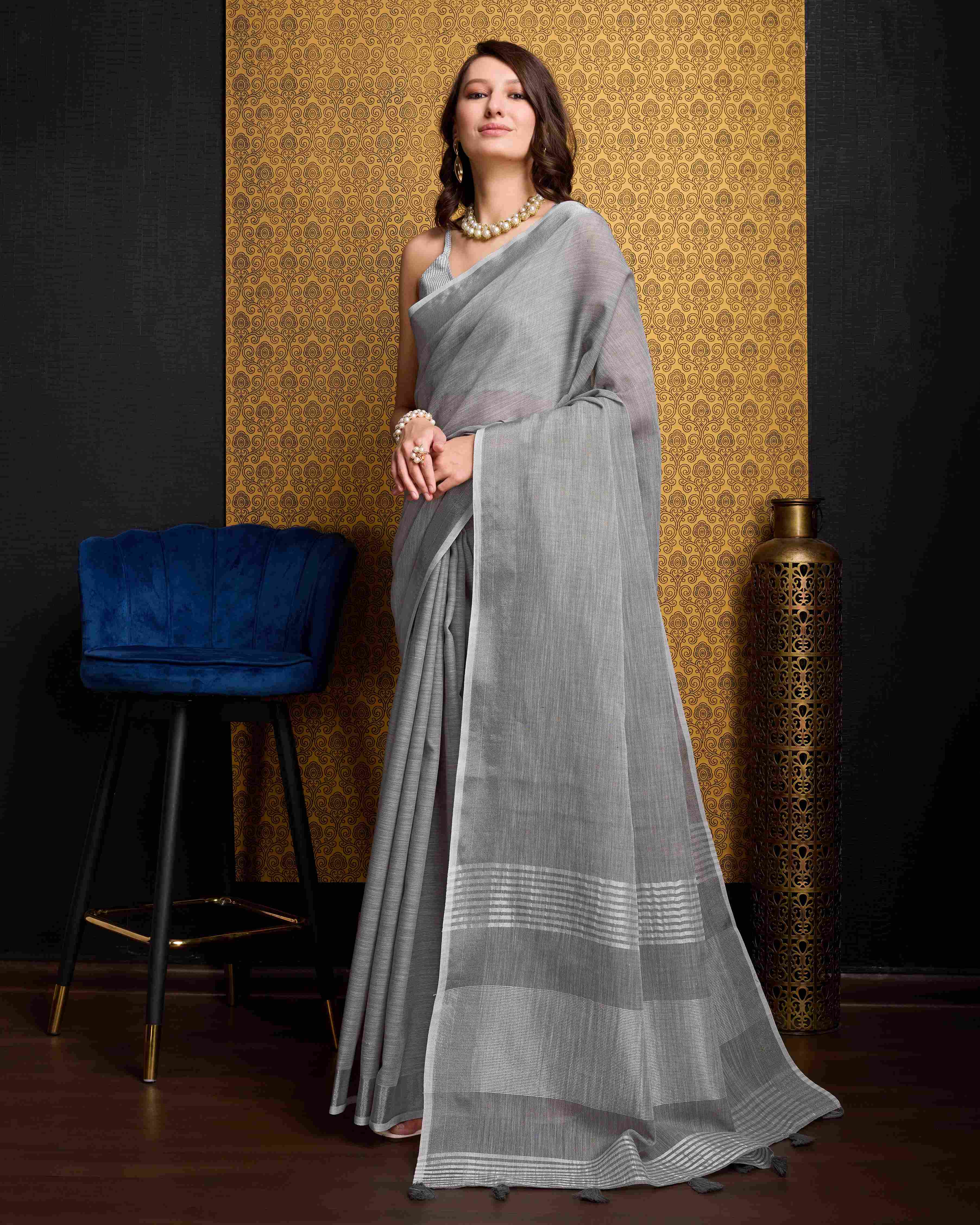 Grey  Cotton Linen Saree With Pure Cotton Unstitched Blouse Piece