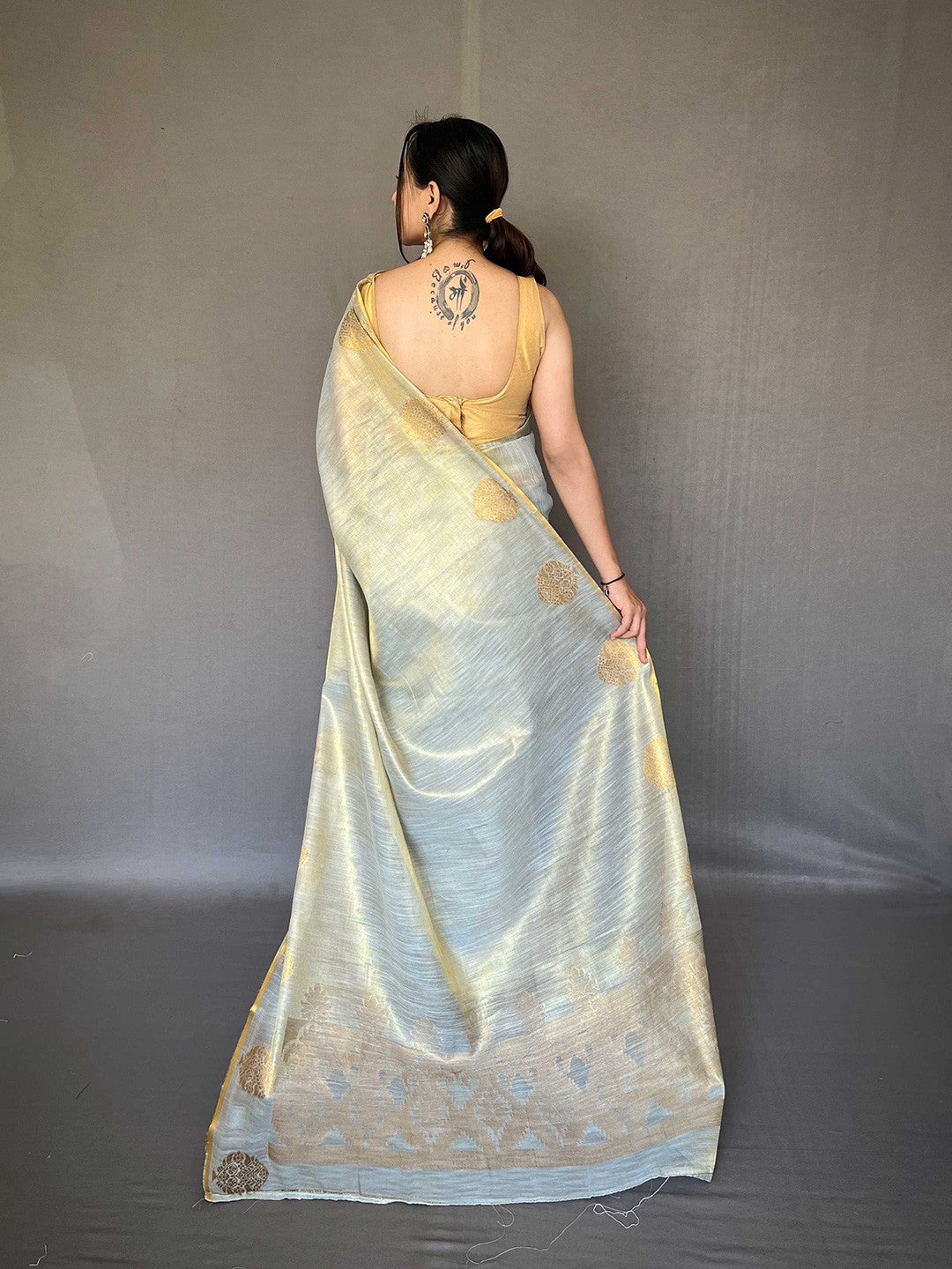 Grey & Golden Mix Saffa Tissue Saree With Unstitched Blouse
