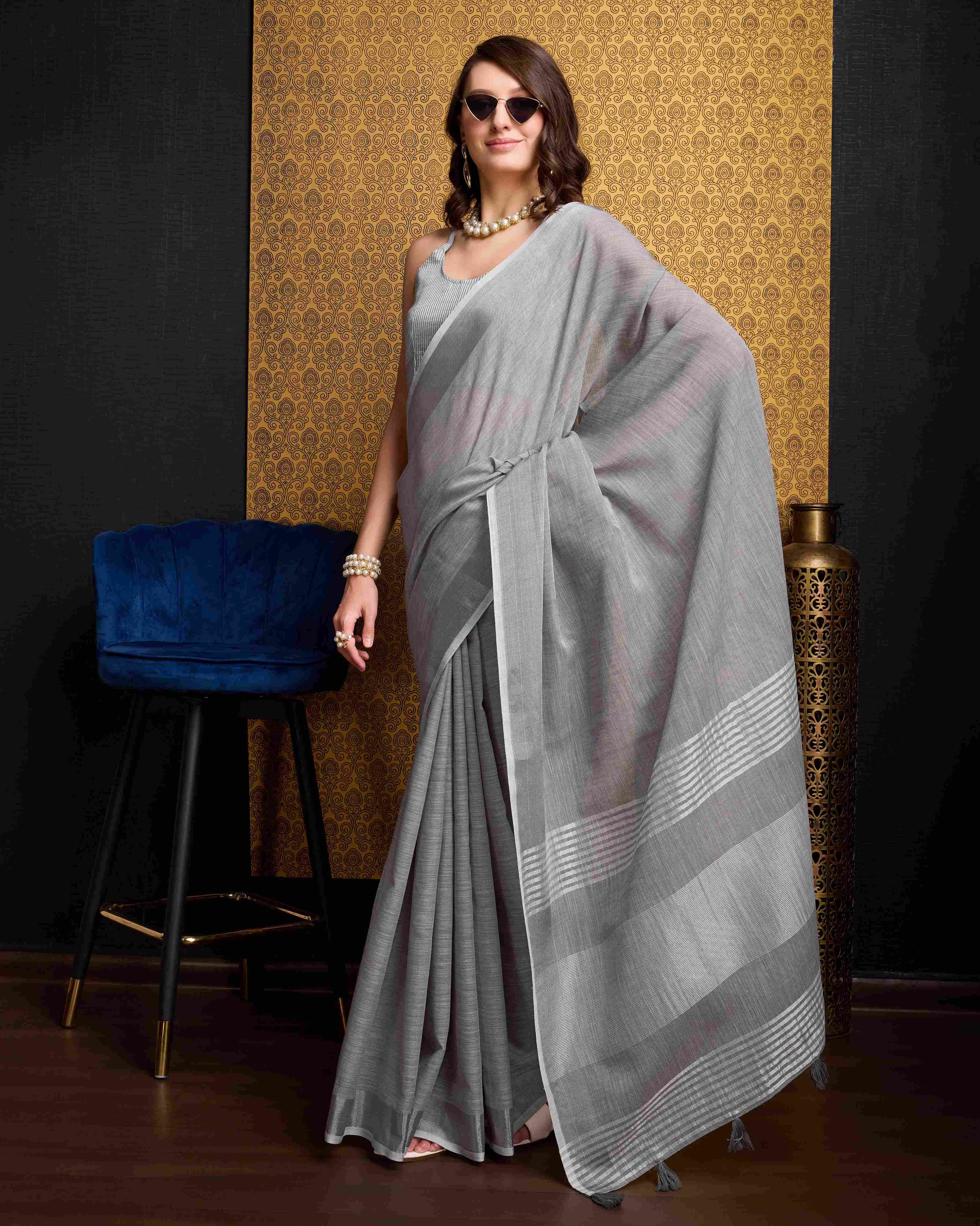 Grey  Cotton Linen Saree With Pure Cotton Unstitched Blouse Piece