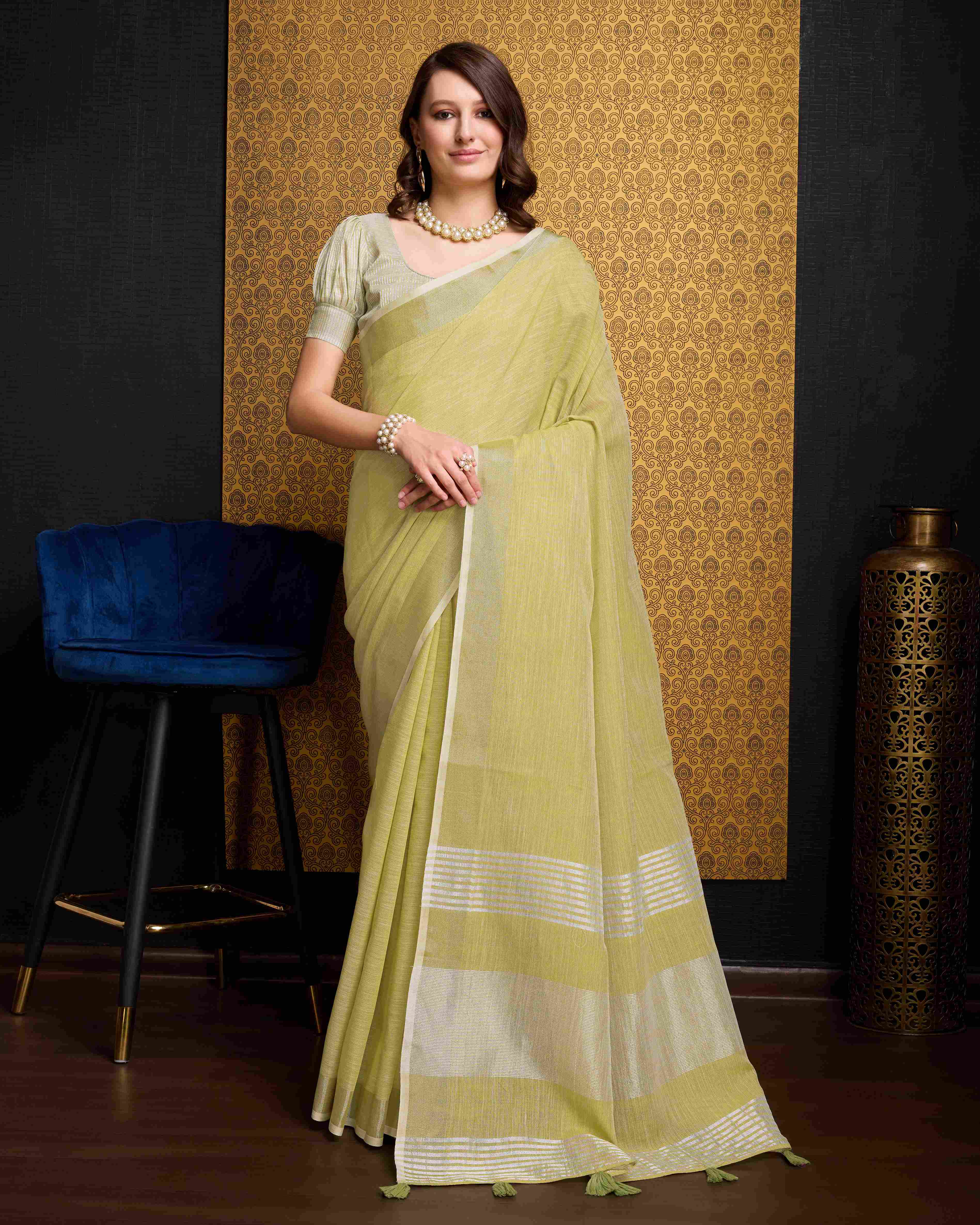 Lemon  Cotton Linen Saree With Pure Cotton Unstitched Blouse Piece