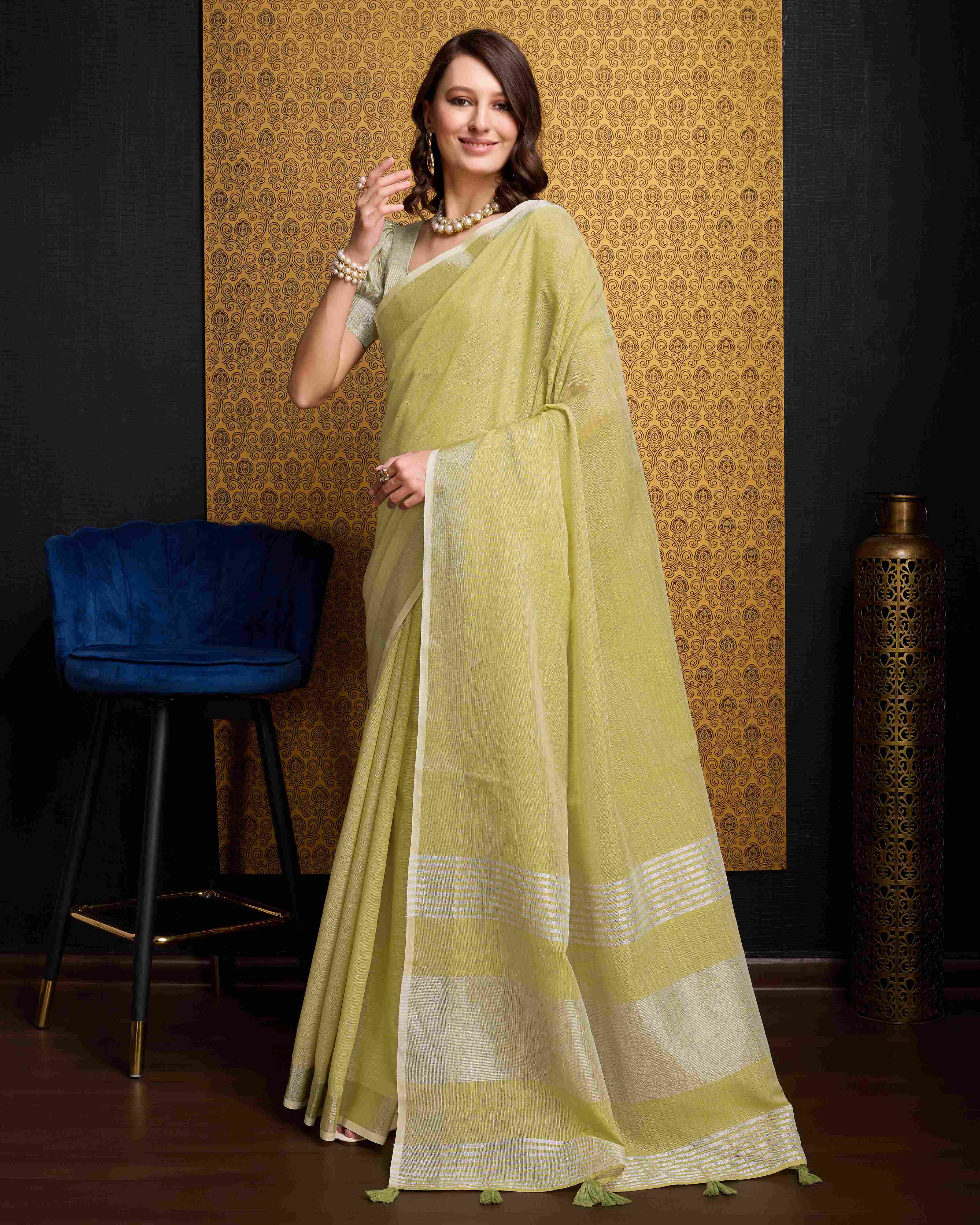 Lemon  Cotton Linen Saree With Pure Cotton Unstitched Blouse Piece