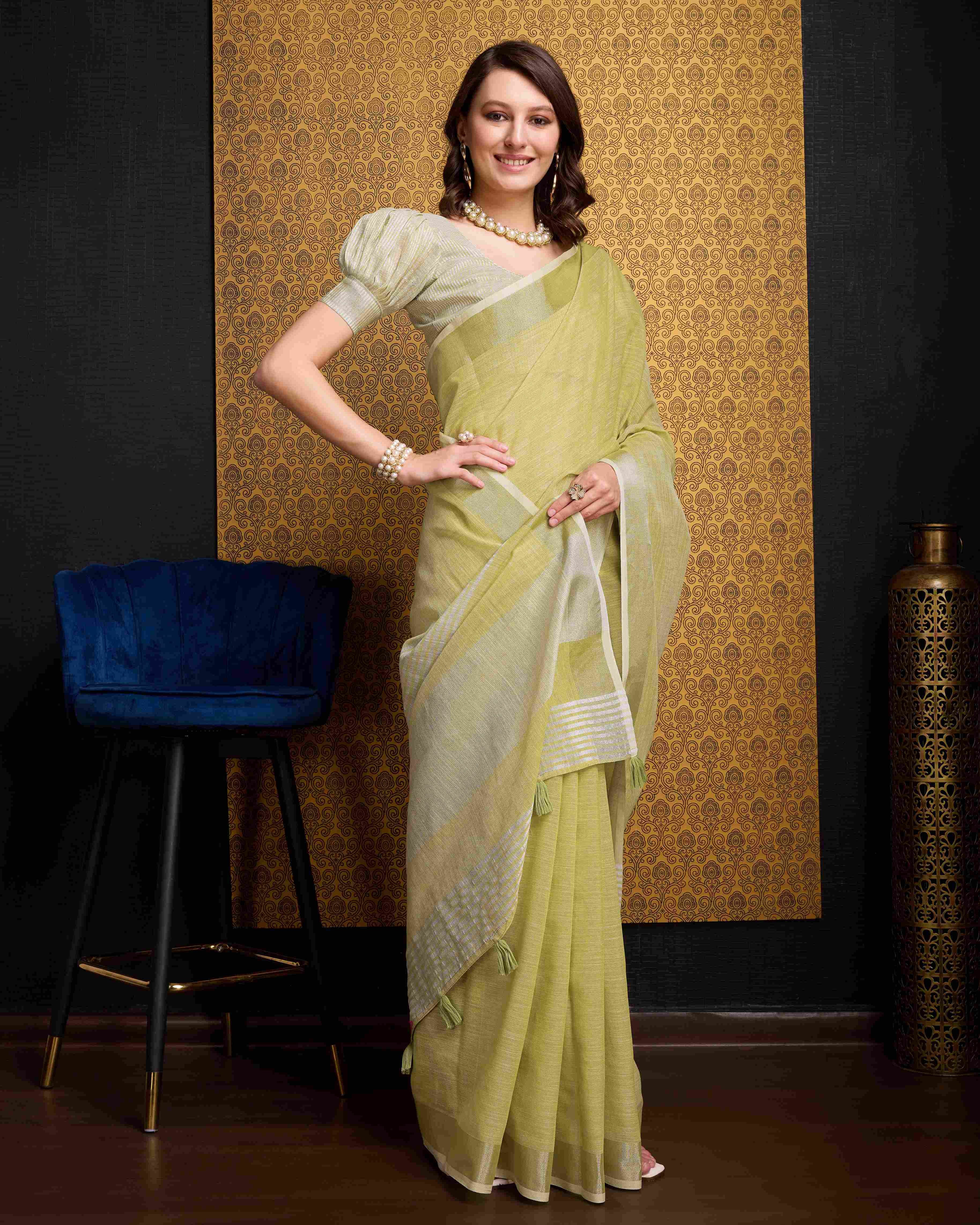 Lemon  Cotton Linen Saree With Pure Cotton Unstitched Blouse Piece