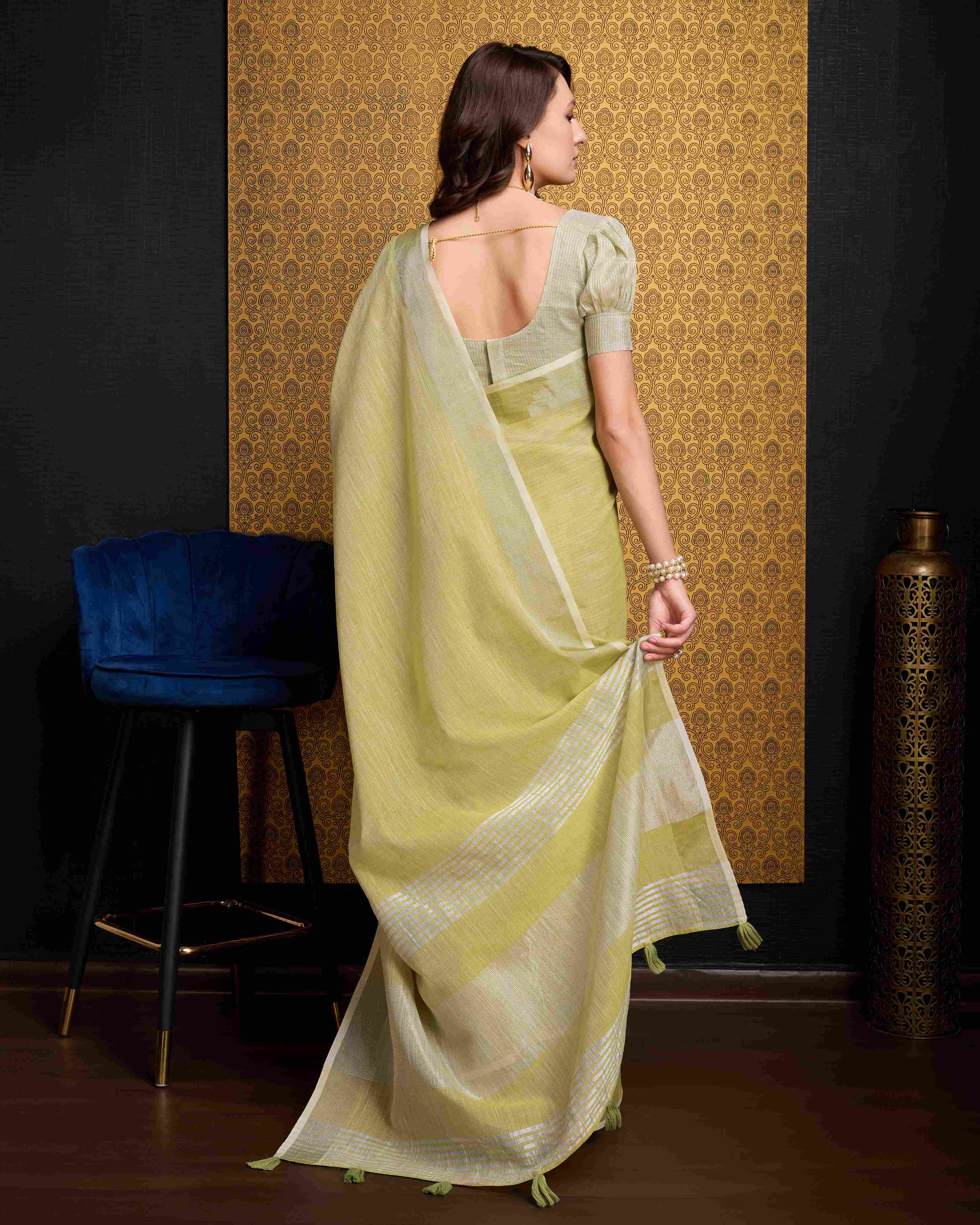 Lemon  Cotton Linen Saree With Pure Cotton Unstitched Blouse Piece