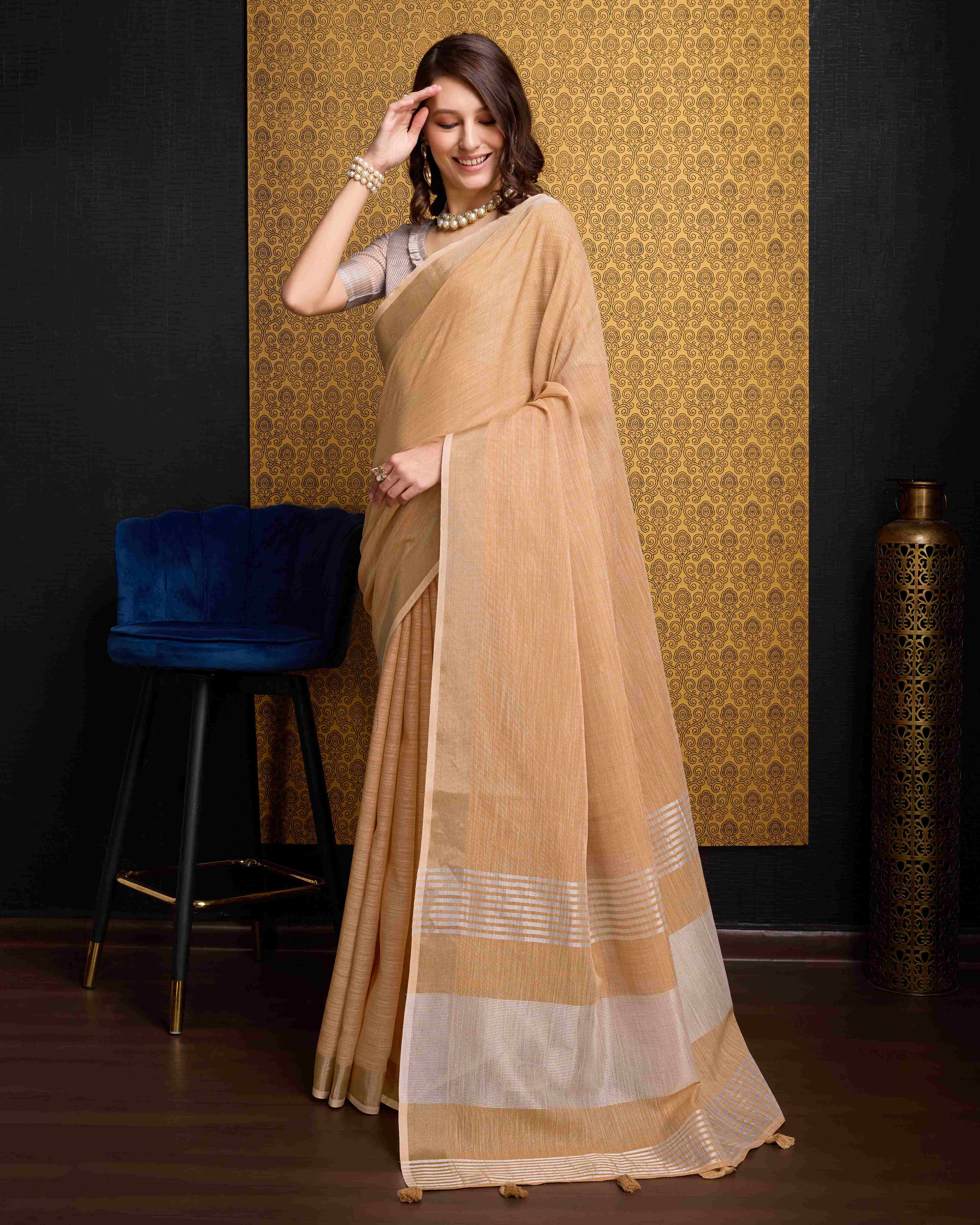 Light Orange Cotton Linen Saree With Pure Cotton Unstitched Blouse Piece