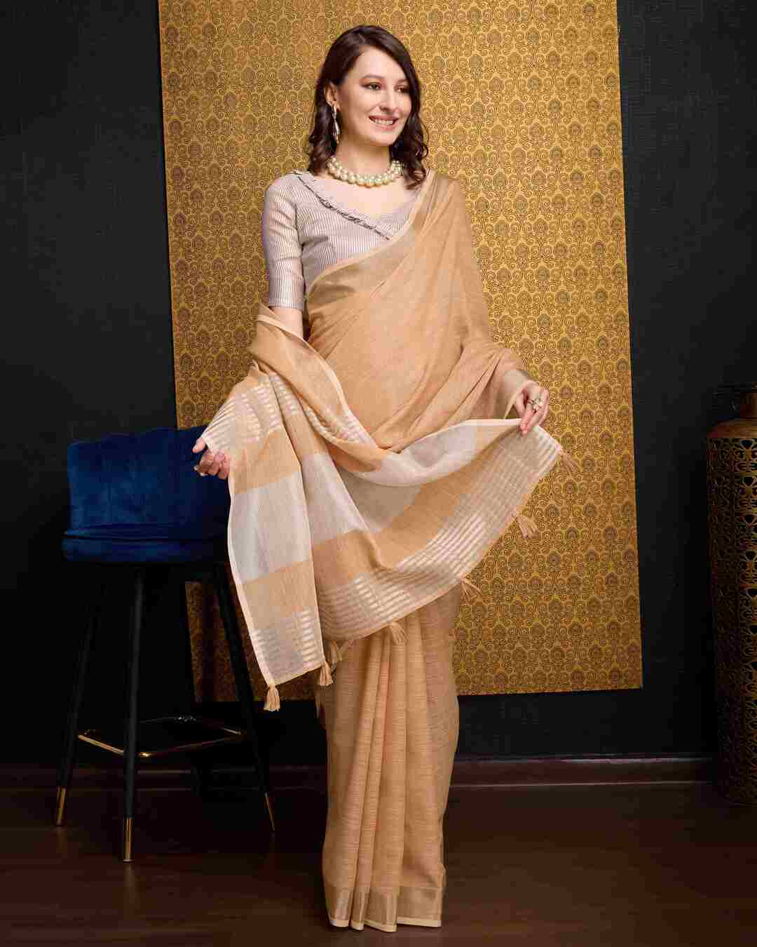 Light Orange Cotton Linen Saree With Pure Cotton Unstitched Blouse Piece