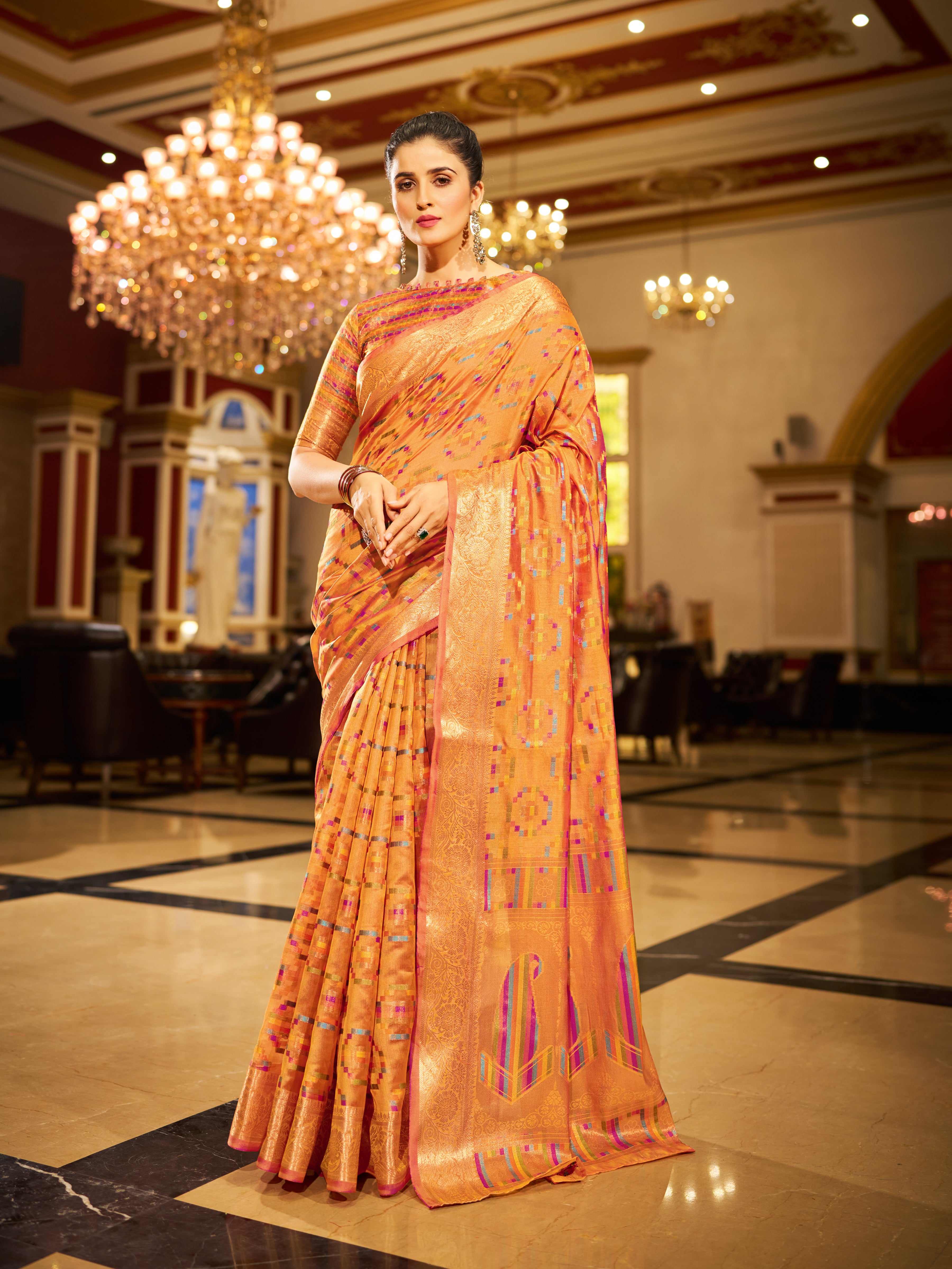 Orange and dazzling Gold Organza Saree With Unstitched Blouse