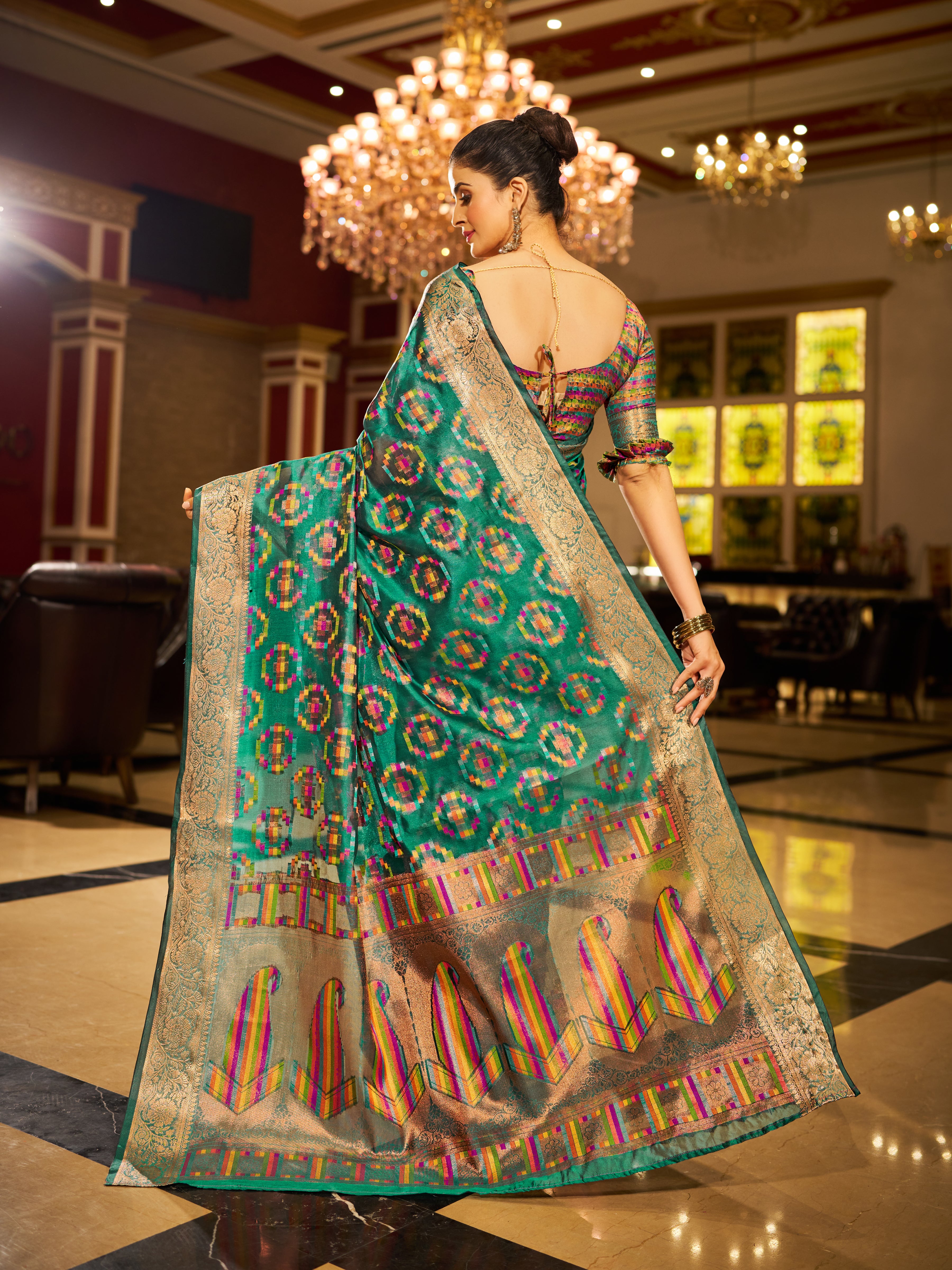Green and Gold tones Organza Saree With Unstitched Blouse