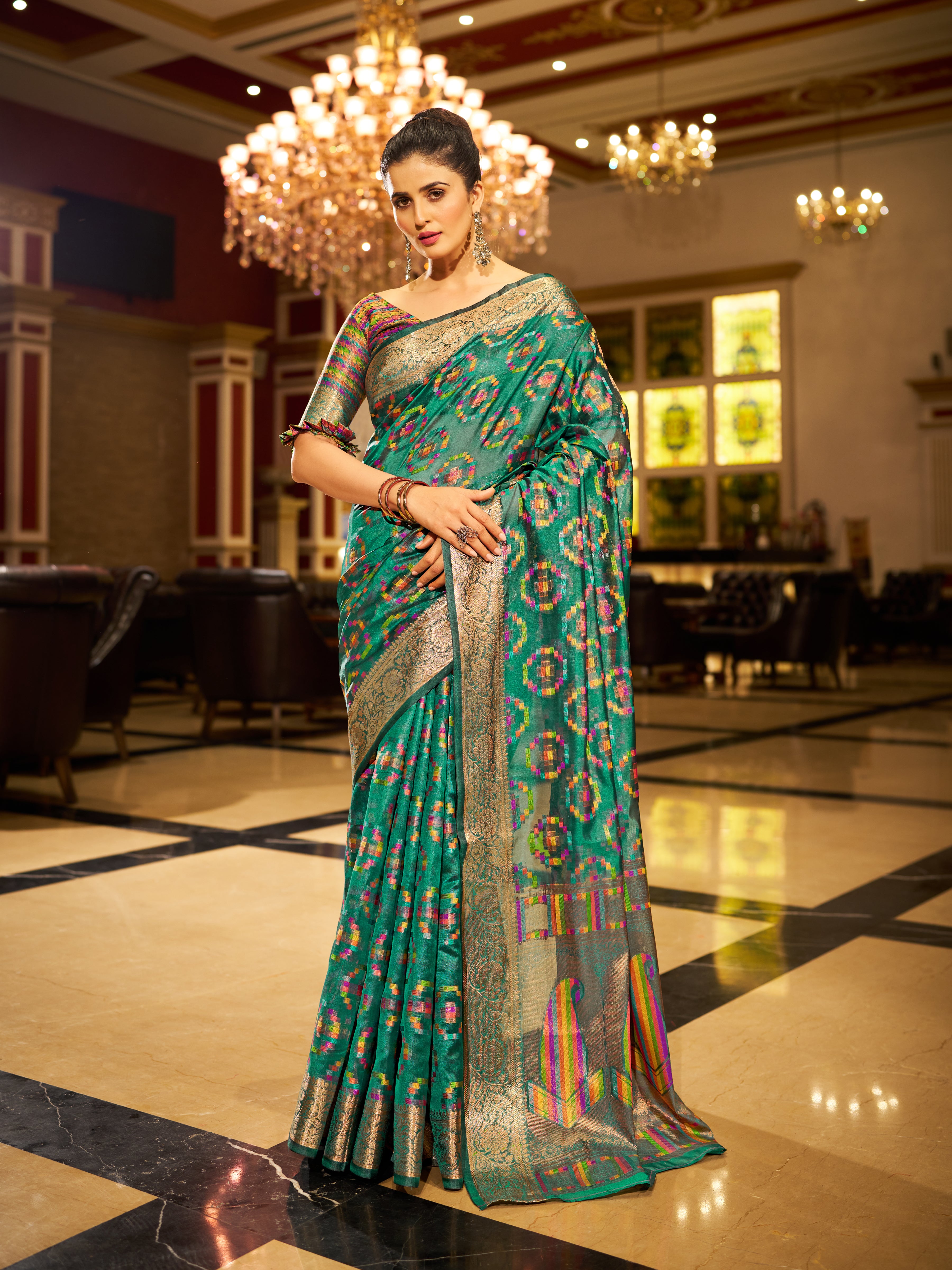 Green and Gold tones Organza Saree With Unstitched Blouse