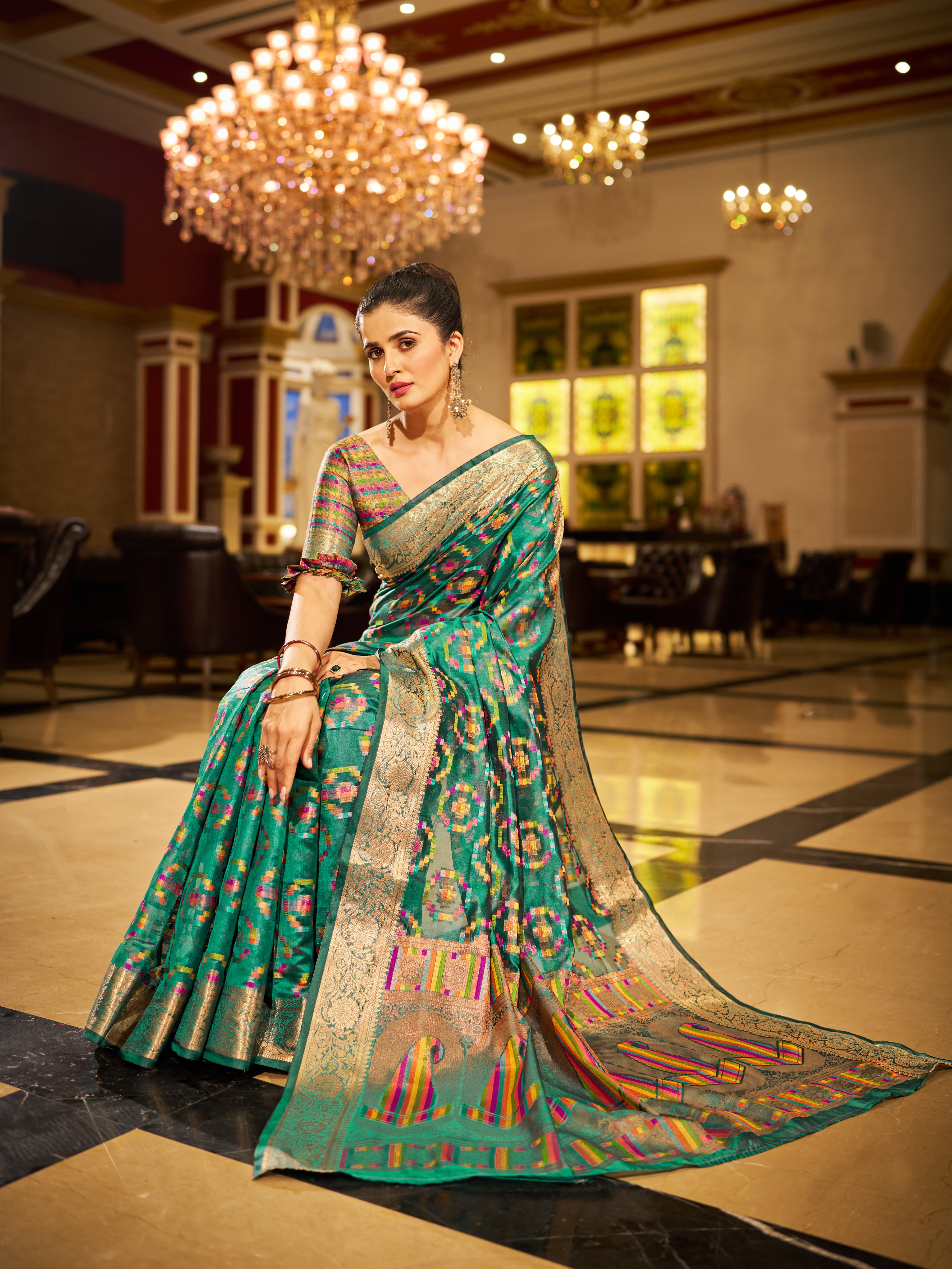 Green and Gold tones Organza Saree With Unstitched Blouse