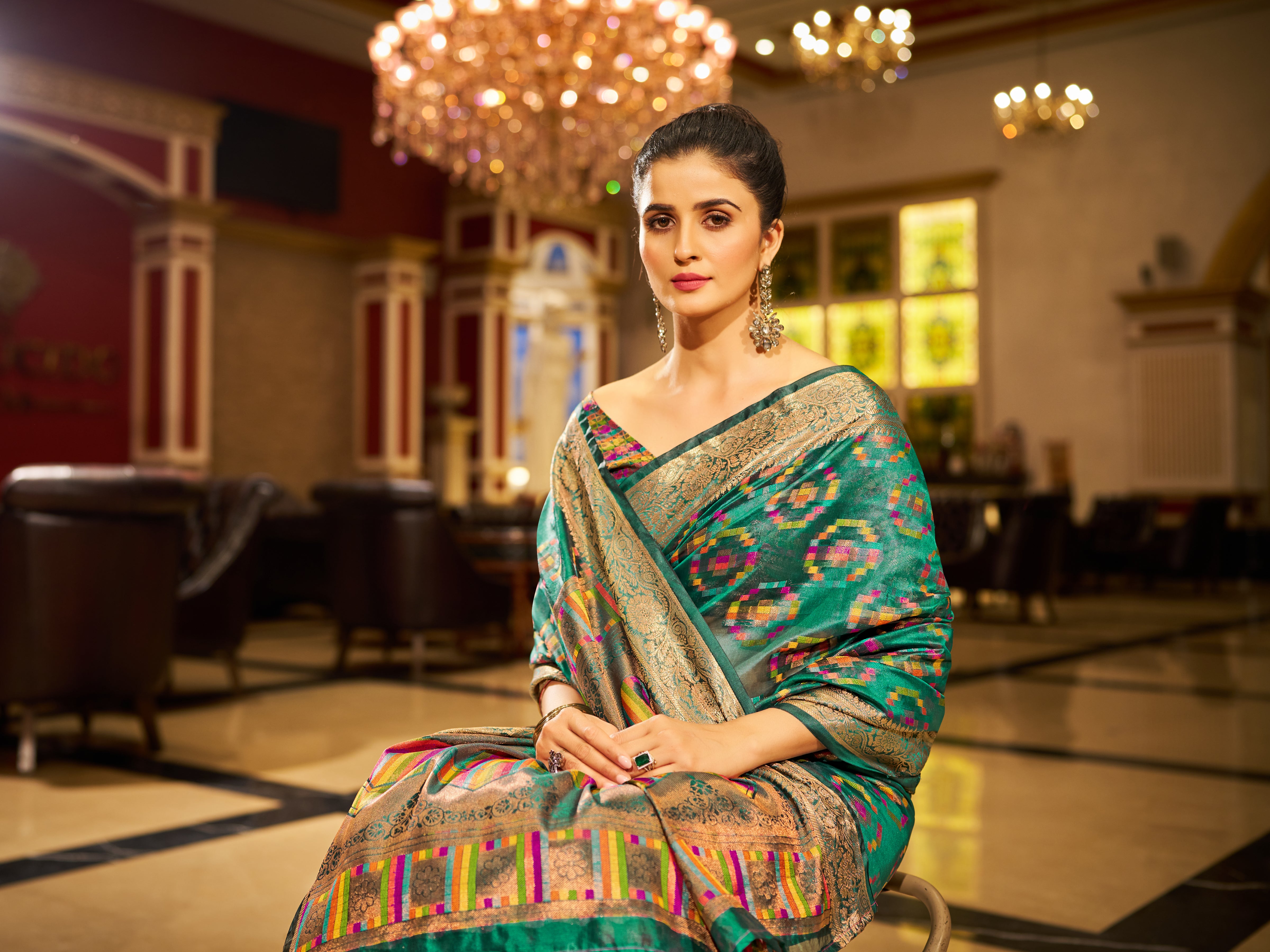 Green and Gold tones Organza Saree With Unstitched Blouse