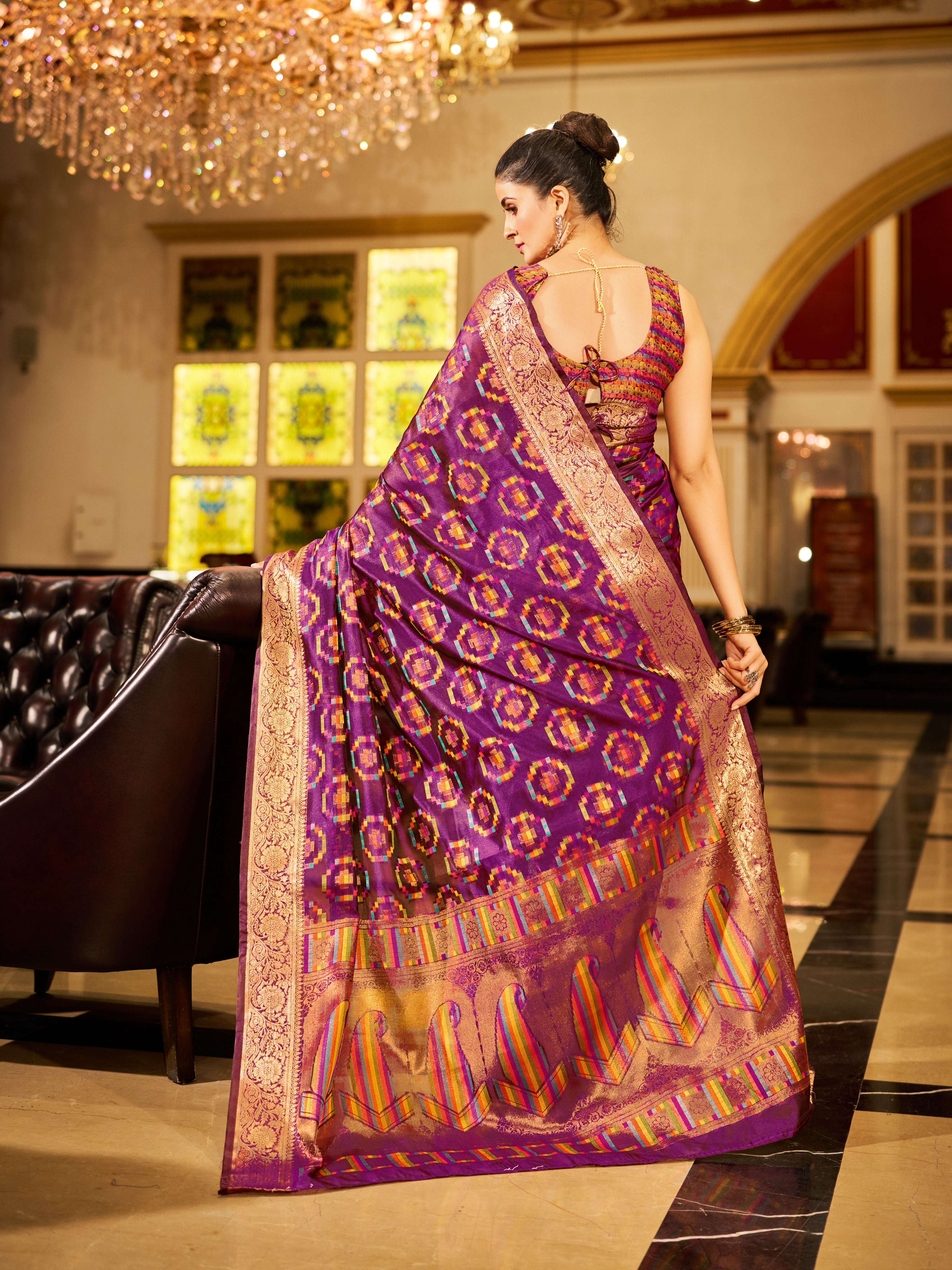 Purple and Gold  Organza Saree With Unstitched Blouse