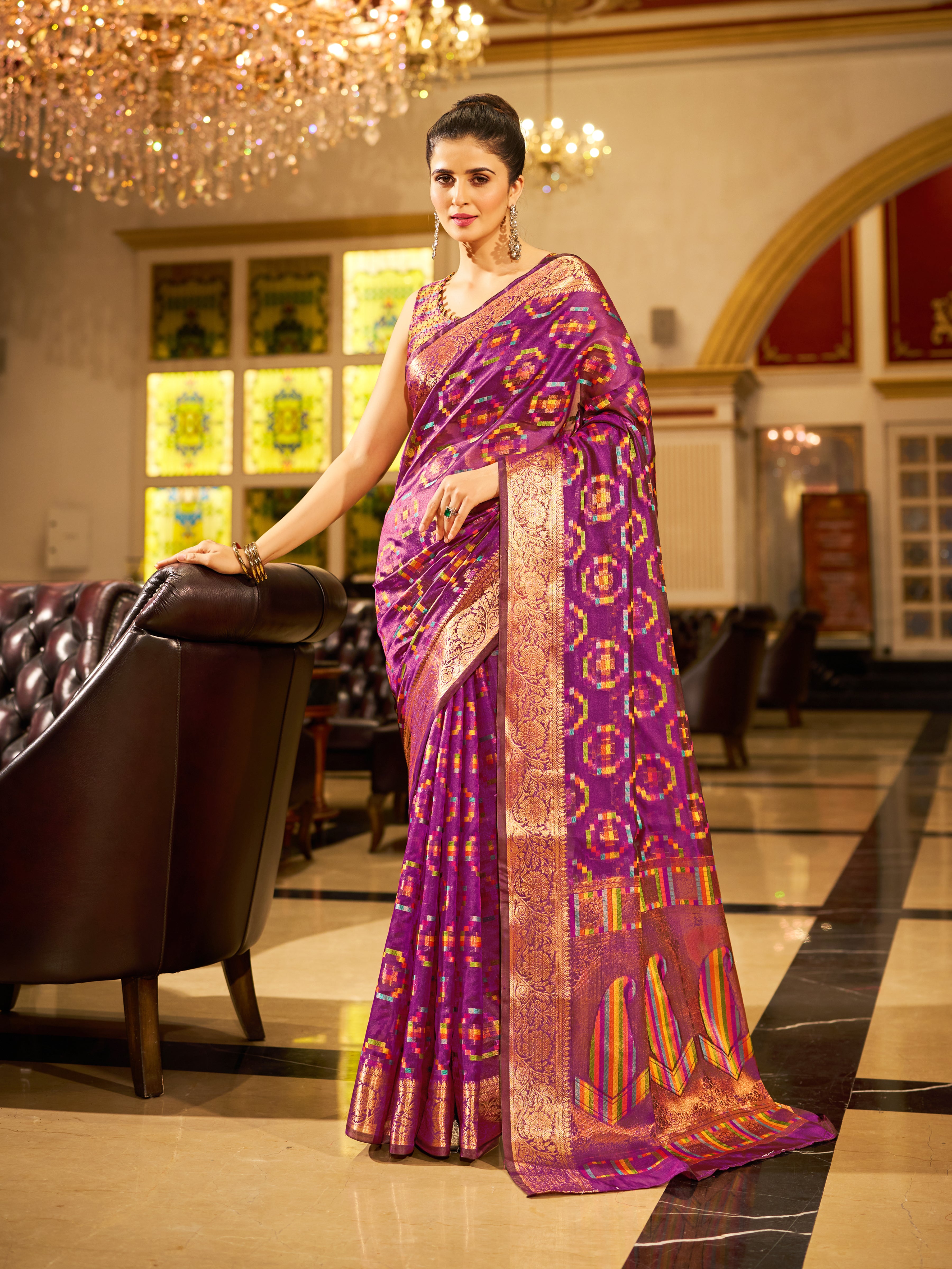 Purple and Gold  Organza Saree With Unstitched Blouse