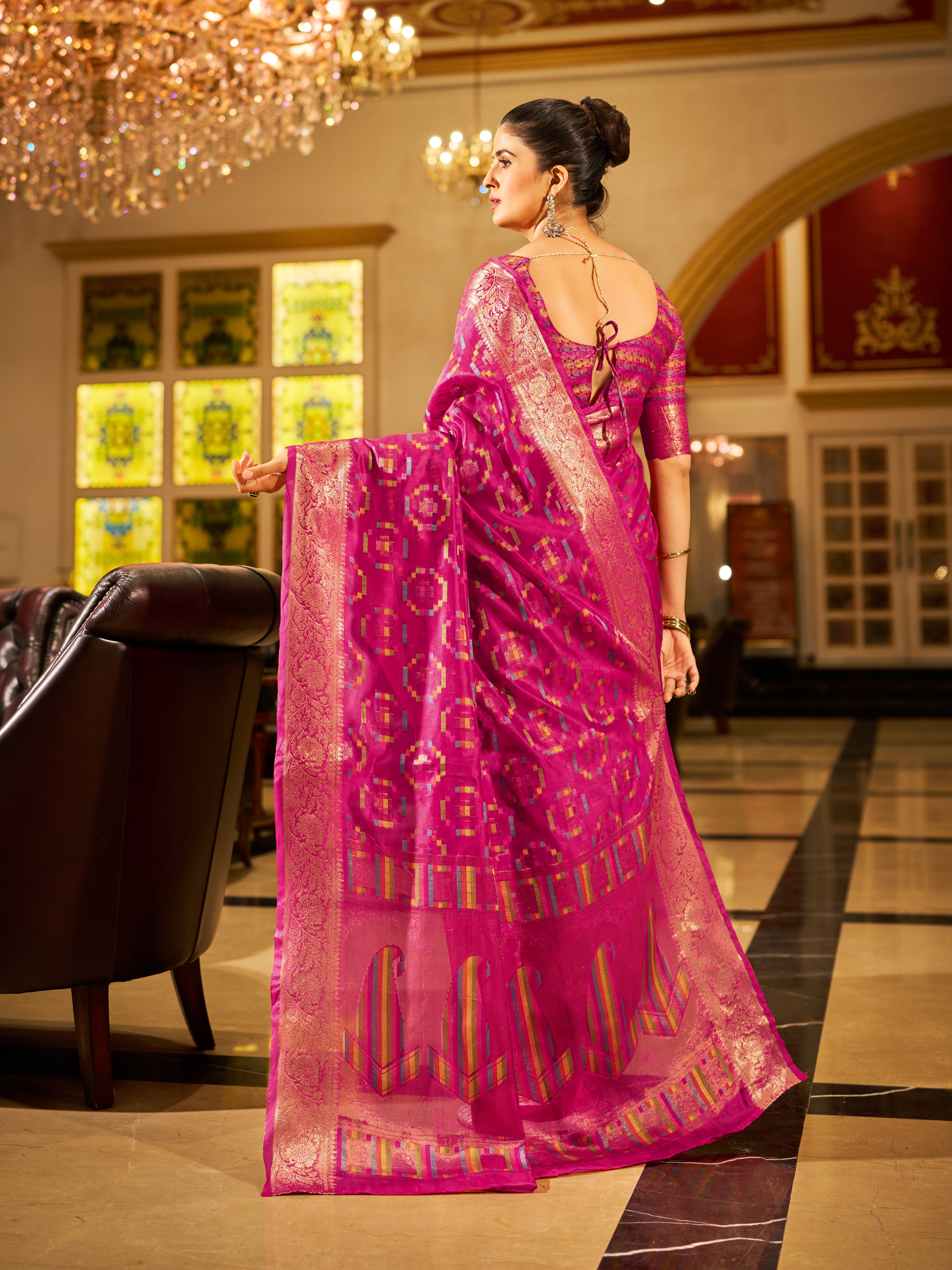 Rani Pink and dazzling Gold Organza Saree With Unstitched Blouse